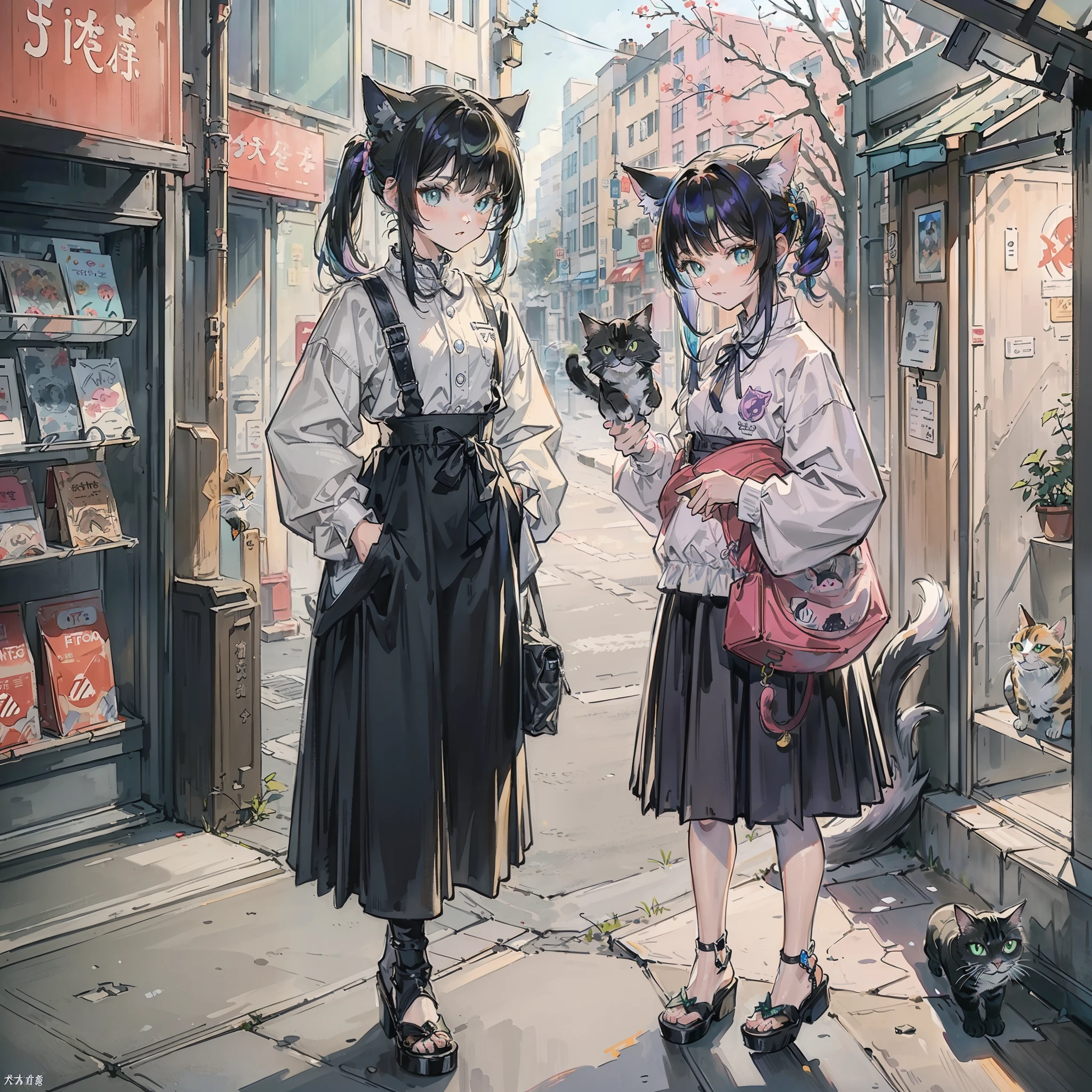 ((Best quality1.3))、Cats、（（With cats)),Detailed, ultra-realistic rendering、（（Street style））、planet of the cats、Trendy clothes、Urban、meow、Iridescent hair((Irridescent color))