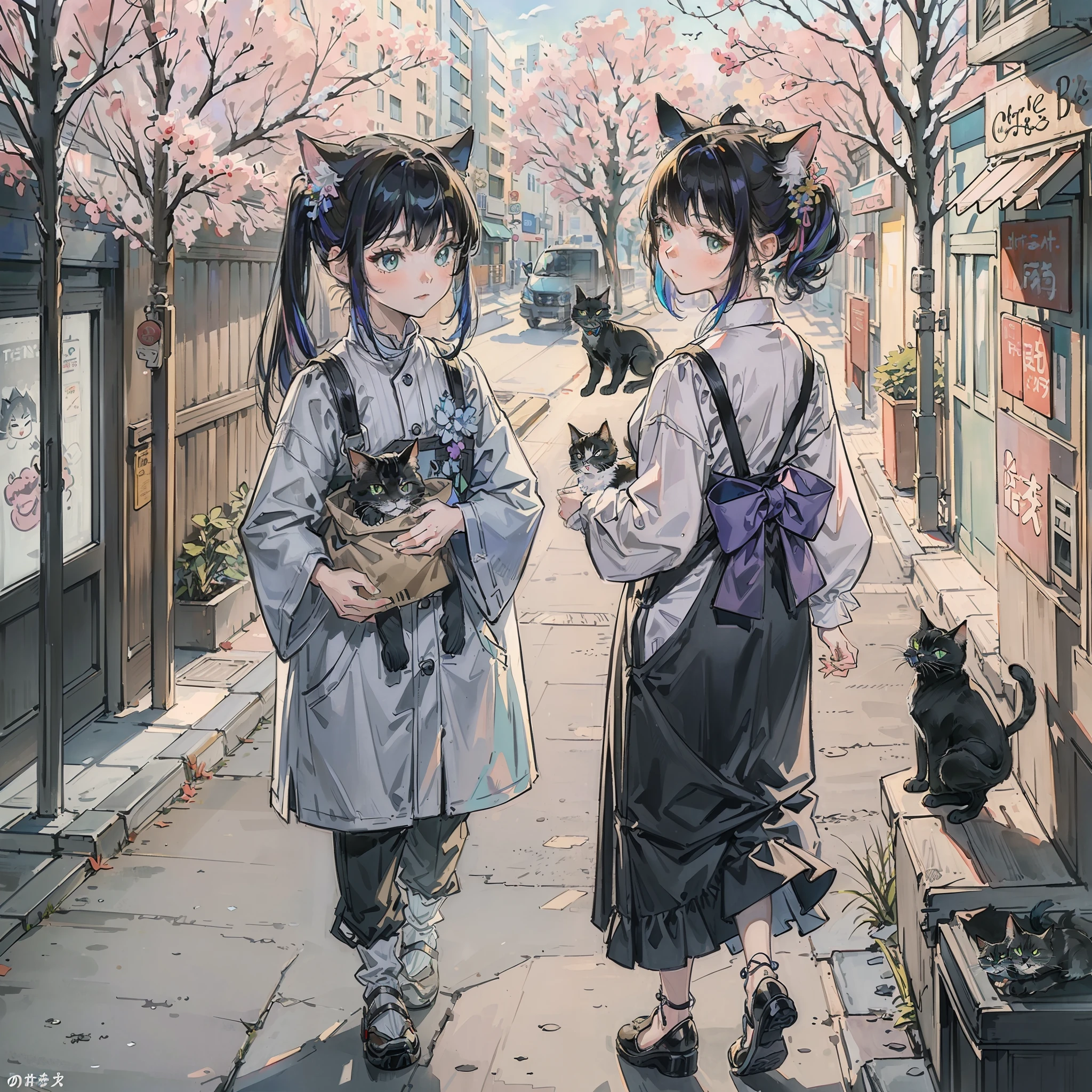 ((Best quality1.3))、Cats、((With cats)),Detailed, ultra-realistic rendering、((Street style))、planet of the cats、Trendy clothes、Urban、meow、Iridescent hair((Irridescent color))