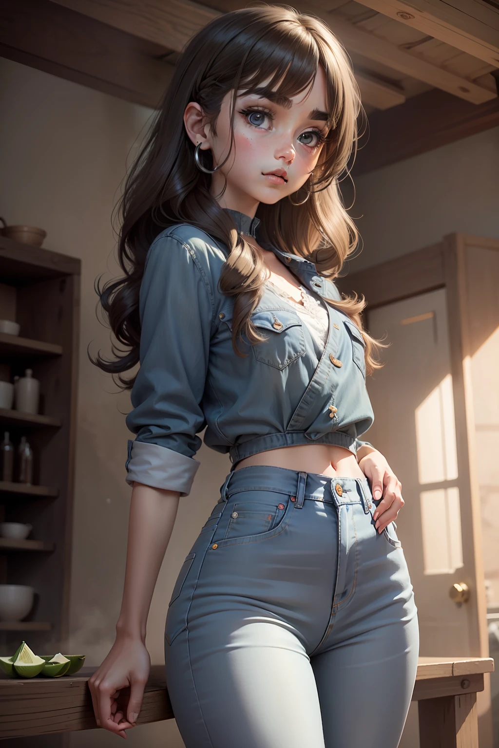 Wrap-up top, jeans, tall beauty, big eyes, double eyelids, small wavy hair, figure-eight broken bangs, small mouth, melon seed face, thick eyebrows, long eyelashes, back hand, sideways