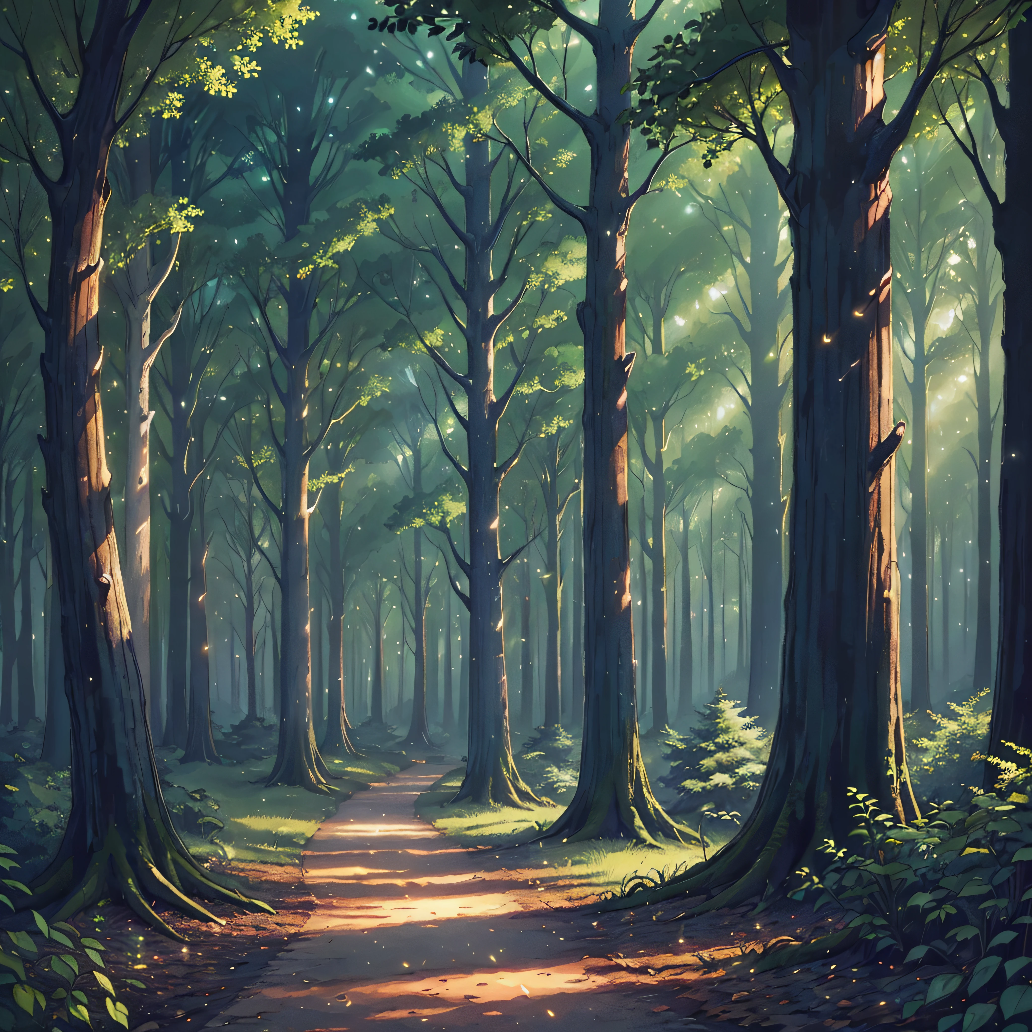 (a magical forest, at night, with many fireflies around, with large trees around)