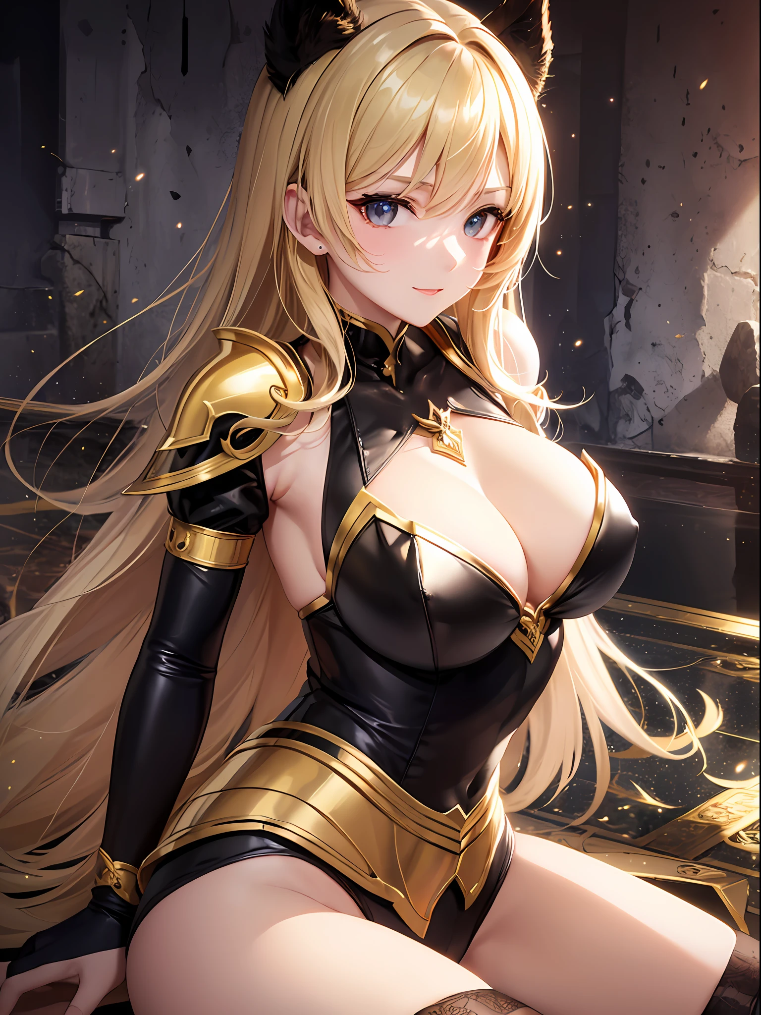 (top-quality: 1.3)、(​masterpiece: 1.3)、(The ultra-detailliert: 1.3)、(wall-paper, one girls)、([Diamonds: 1.3|The eye]:1.2)、(Perfect and beautiful black leotard:1.3)、Light armor、(Golden hair:1.3)、Longhaire、straight haired、(Beautiful Large Breasts:1.3)、caves、ssmile、sexypose、Hold your sword、The Monster