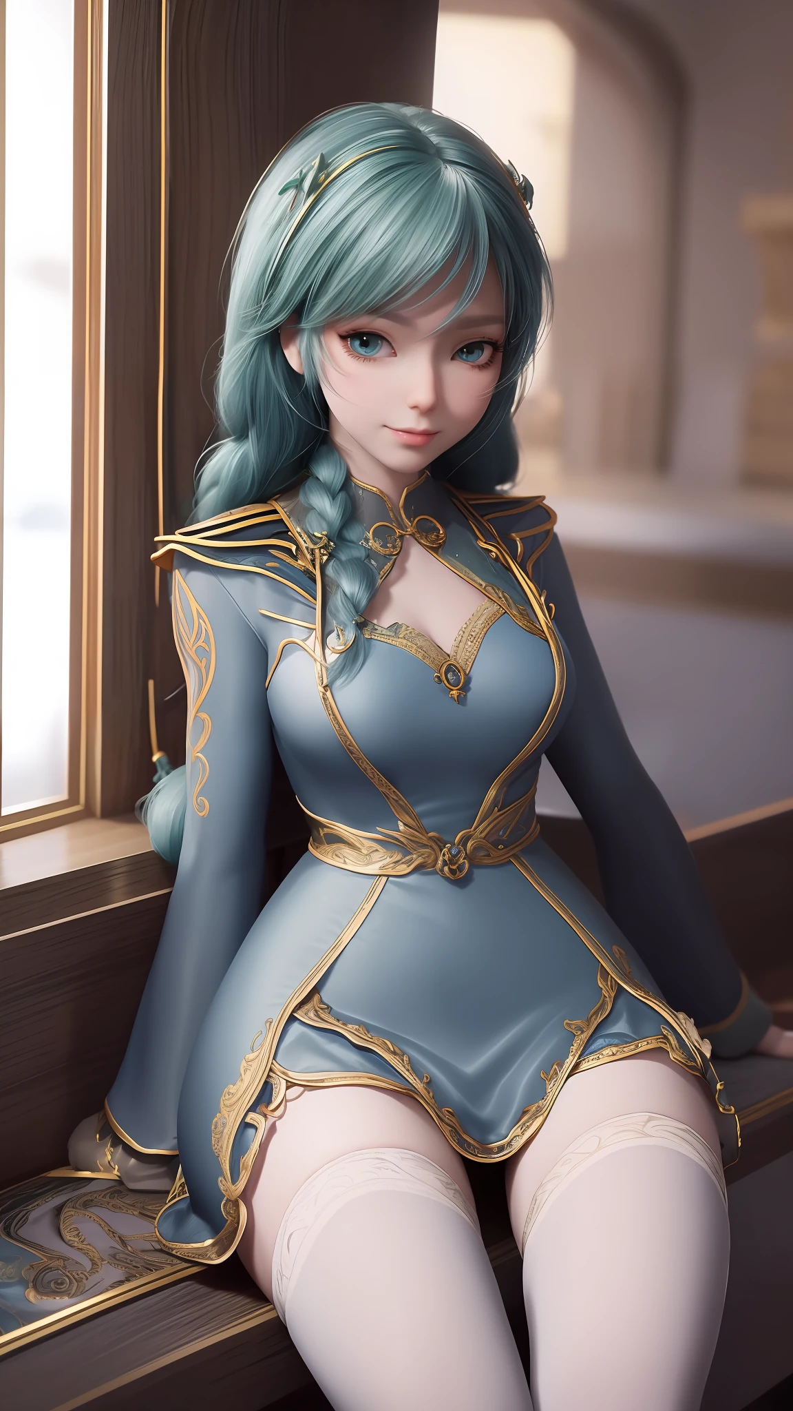 Arad woman in blue dress sitting on windowsill, cute anime waifu in a nice dress, trending on cgstation, 8K high quality detailed art, anime barbie in white stockings, highly detailed exquisite fanart, Extremely detailed Artgerm, the anime girl is crouching, flowing magical robe, beautiful and seductive anime woman, WLOP and Sakimichan