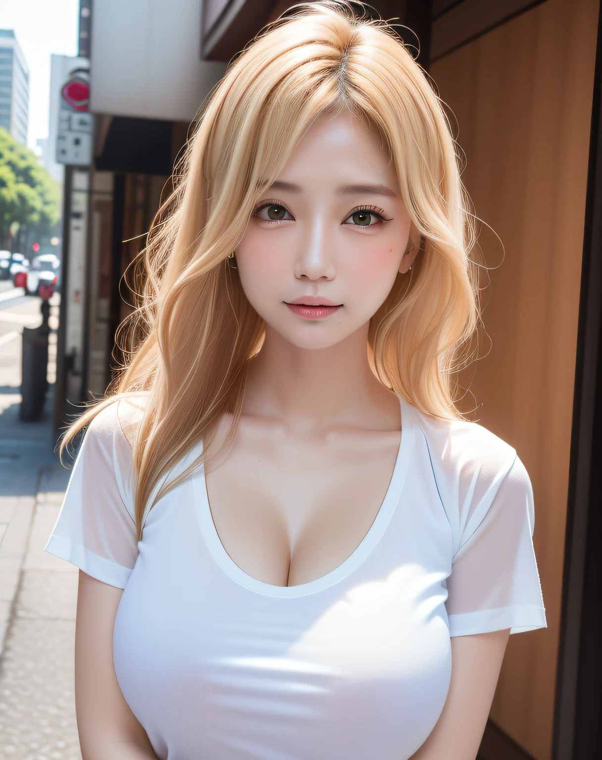 (1girl), huge breasts:1.37,  breasts, tan, dewy skin, sweaty skin, wavy blonde hair, punk tshirt, punk girl:1.37, Taiwan actress face, beautiful face, bitch:1.37, age of 40,