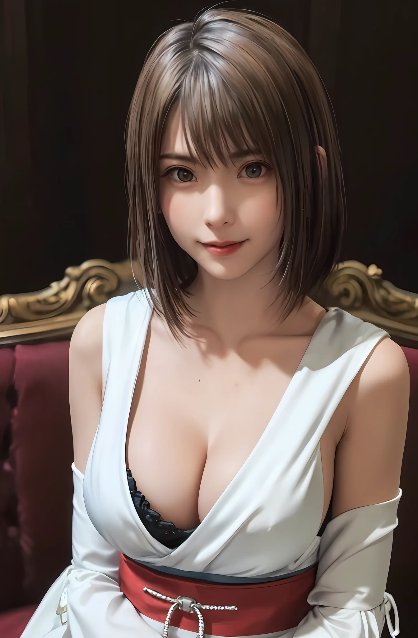 Fine-grained skin、Sharp Focus、(lighting like a movie)、Soft lighting、dynamic ungle、[:(Face Details:1.2):0.2]、large full breasts、Photorealsitic、(8K、Raw photography、top-quality、​masterpiece:1.2)、The ultra-detailliert、超A high resolution、(Realistic and realistic photos:1.37)、portlate、high-definition RAW color photography、professional photograpy、extremely delicate and beautiful、ighly detailed、8K Picture Wallpaper、astonishing、finely detail、huge filesize、beatiful detailed eyes、二重まぶた、Dynamic lighting、very detailed beautiful girls、、1 girl in、(18year old:1.2)、Realistic body、小柄、fair white skin、shinny skin、Good figure、Natural face、(embarrassed from、full of shyness、A smile:1.2)、、Look at viewers:1.2、(Recumbent position、sface focus、cowboy  shot:1.2)、(dynamicposes:1.2) 、1girl in, 独奏, jewely, Detached sleeve, a necklace, blue-beaded earring, Hakama skirt pot、 超A high resolution、a picture、Photorealsitic、ighly detailed、A detailed face、Cute Woman Solo、the royal palace、 medium breasts⁩、(​masterpiece、hightquality)、looking at the viewers、gorgeous goddess、bob cuts、 Charming and、Charming and、dream-like、Royal cloak、((thick bangs))、cross-legs sitting、(((Clothes torn、Skin visible chest)))、(sexy facial expression)、(sexy  pose)