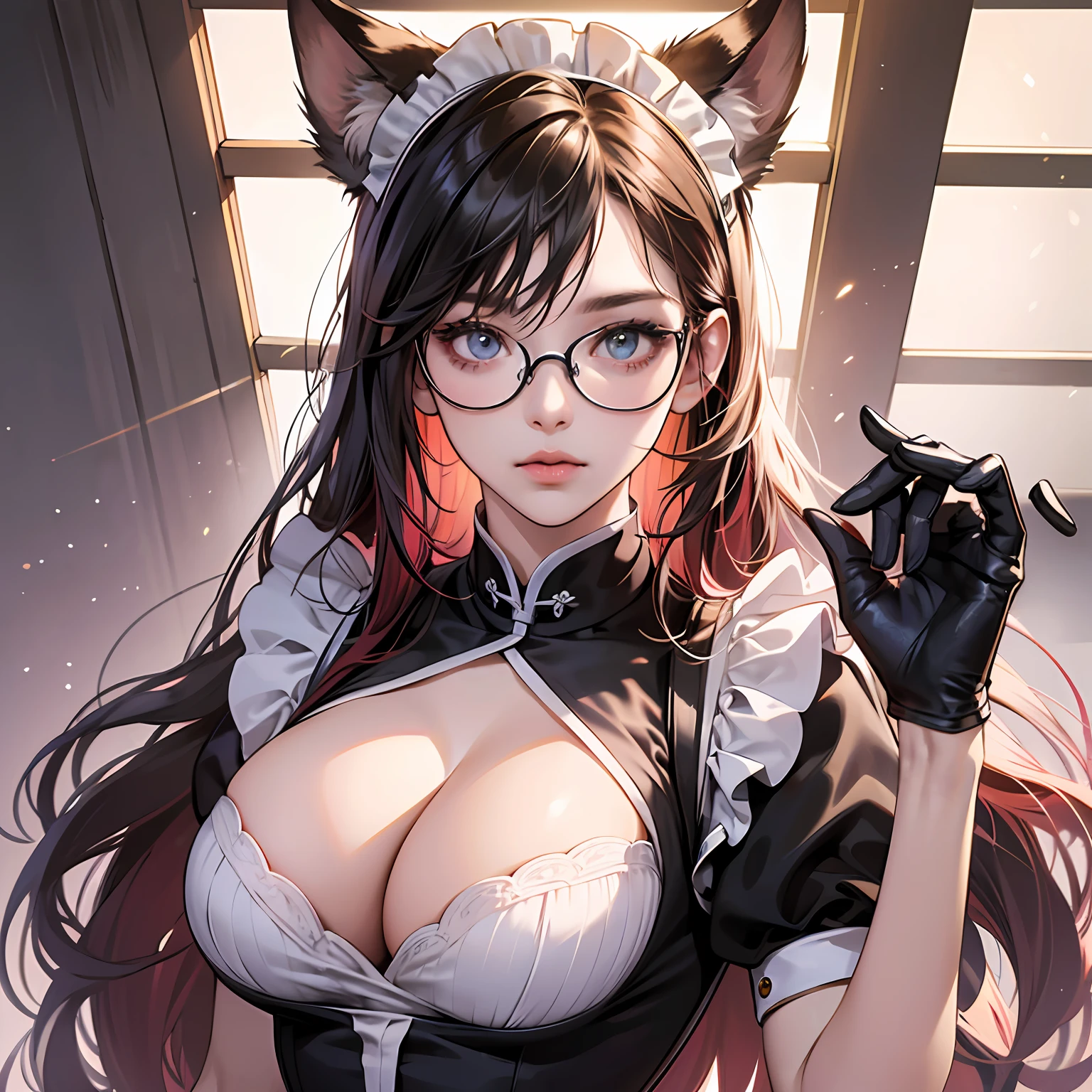 ulzang-6500-v1.1,(RAW photo:1.2), (Photorealistic:1.4), Beautiful Meticulous Girl, very detailed eyes and faces, Beautiful detailed eyes, absurderes, unbelievable Ridiculous, hugefilesize, ultra - detailed, A high resolution, The is very detailed,best qualtiy,tmasterpiece,((Stylish clothing in a variety of colors)),illustratio,The is very detailed,CG,unified,8k 壁纸,Amazing Cleavage,finely detailled,tmasterpiece,best qualtiy,The is very detailed的 CG unified 8k 壁纸,light in face,cinmatic lighting, 1girll, ,Long fuchsia hair,lateral division,(huge tit),((pantyless)),(wears glasses),(((dynamicposes))),(((sexyposture))),(Camel toes),(A half body),((stocklings)),((the maid outfit))