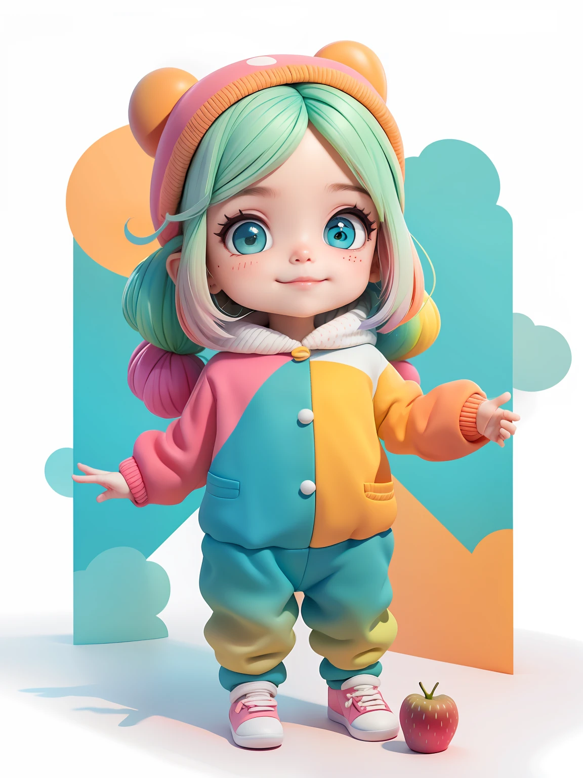 (obra-prima), (melhor qualidade), (ultra-detalhado), (corpo inteiro: 1.2) baby menina bonita e fofa, tema frutas, capuz, moletom colorido, Knitted jumpsuits, Pants, jaqueta, blusa, sorriso claro, corpo inteiro, :3, fundo tom pastel , colorido e simples.