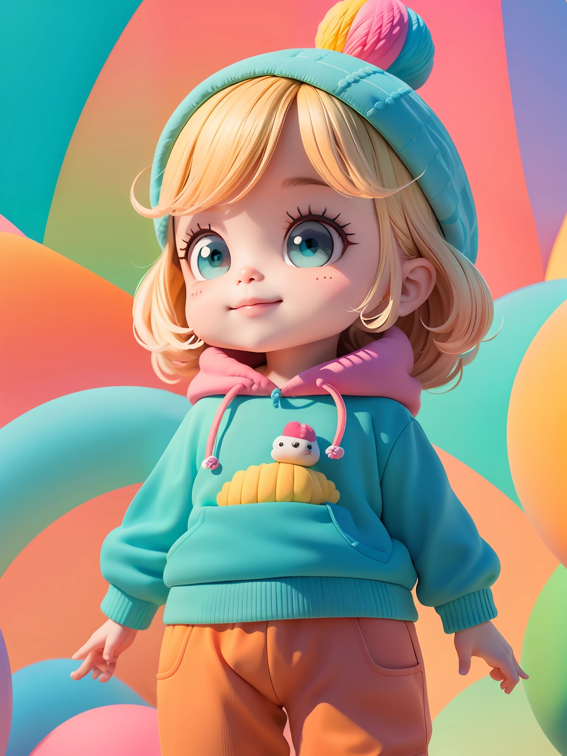 (obra-prima), (melhor qualidade), (ultra-detalhado), (corpo inteiro: 1.2) baby menina bonita e fofa, tema frutas, capuz, moletom colorido, Knitted jumpsuits, Pants, jaqueta, blusa, sorriso claro, corpo inteiro, :3, fundo tom pastel , colorido e simples.
