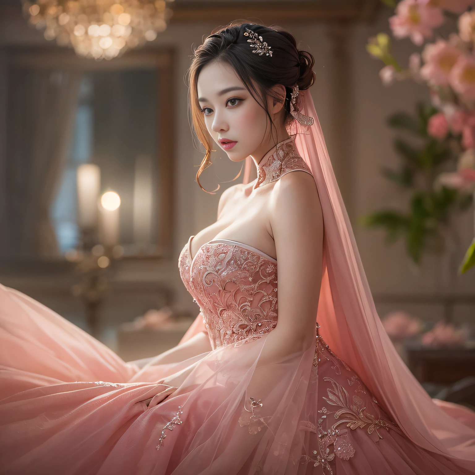 best qualtiy, tmasterpiece, A high resolution, 1girll,Chinese wedding dress,Tyndall effect,realisticlying,Pink room edge lighting,twotonelighting,(highdetailskin:1.2),8K high-definition,gentle illumination,high high quality,Volume lighting, blur, upper body, plump breasts, deep cleavage