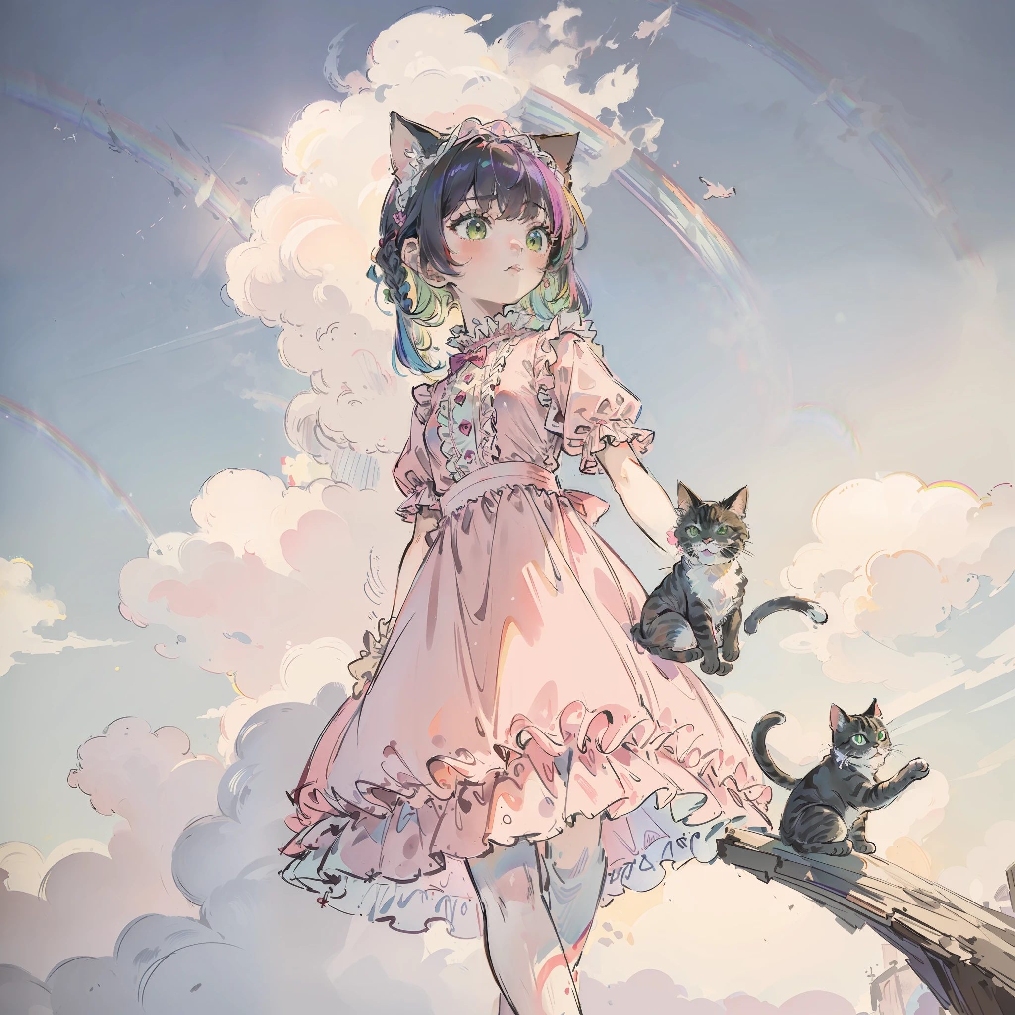 ((Best quality1.2))、((masterpiece))、Pink((dress frilled))、((Take a cute cat 1.5))、((rainbow-colored hair))
