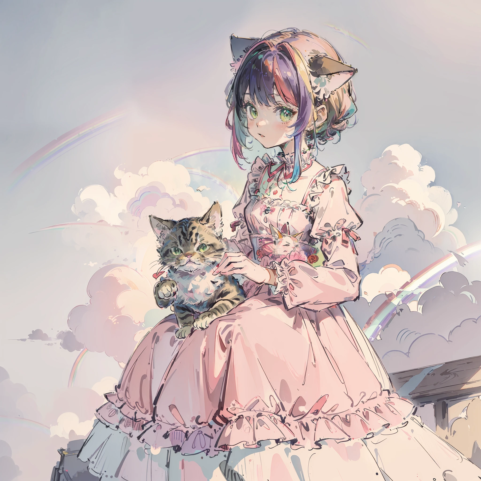 ((Best quality1.2))、((​masterpiece))、Pink((dress frilled))、((Take a cute cat 1.5))、((rainbow-colored hair))