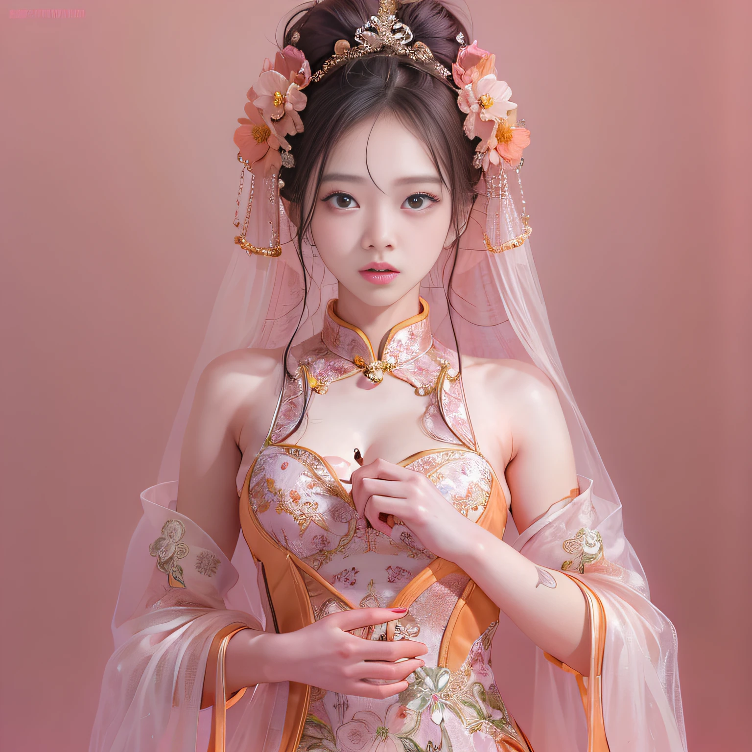 best qualtiy， tmasterpiece， A high resolution， 1girll，Chinese wedding dress，Tyndall effect，realisticlying，Pink room edge lighting，twotonelighting，（highdetailskin：1.2），8K high-definition，gentle illumination，high high quality，Volume lighting, blur, upper body, plump breasts, deep cleavage