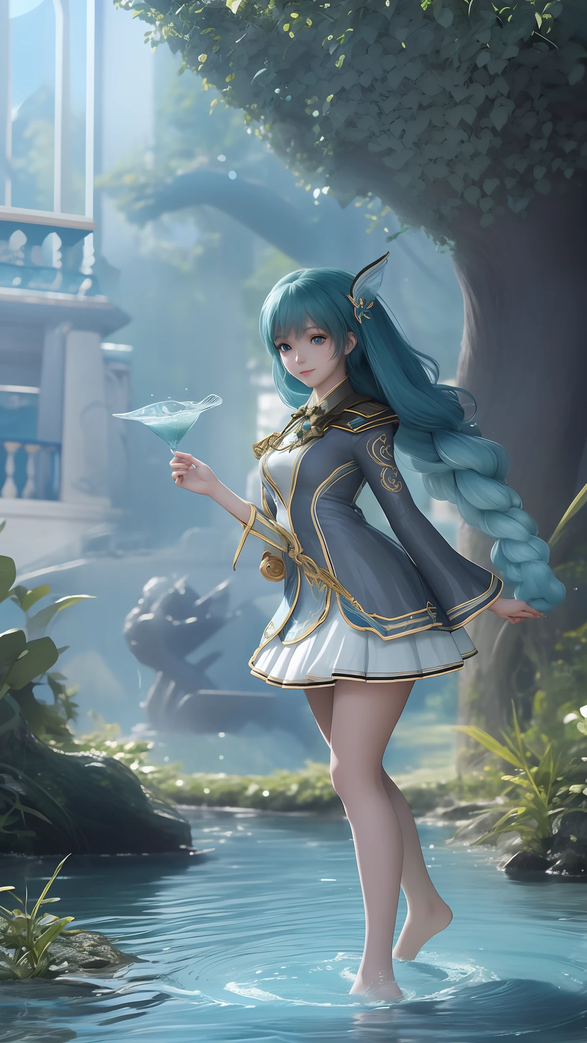 Arapei in a blue and white dress stood in the water, Anime girl walking on water, closeup fantasy with water magic, azur lane style, trending on cgstation, Anime girl cosplay, seraphine ahri kda, Splash art anime Loli, trending at cgstation, realistic water, water fairy, WLOP and Sakimichan