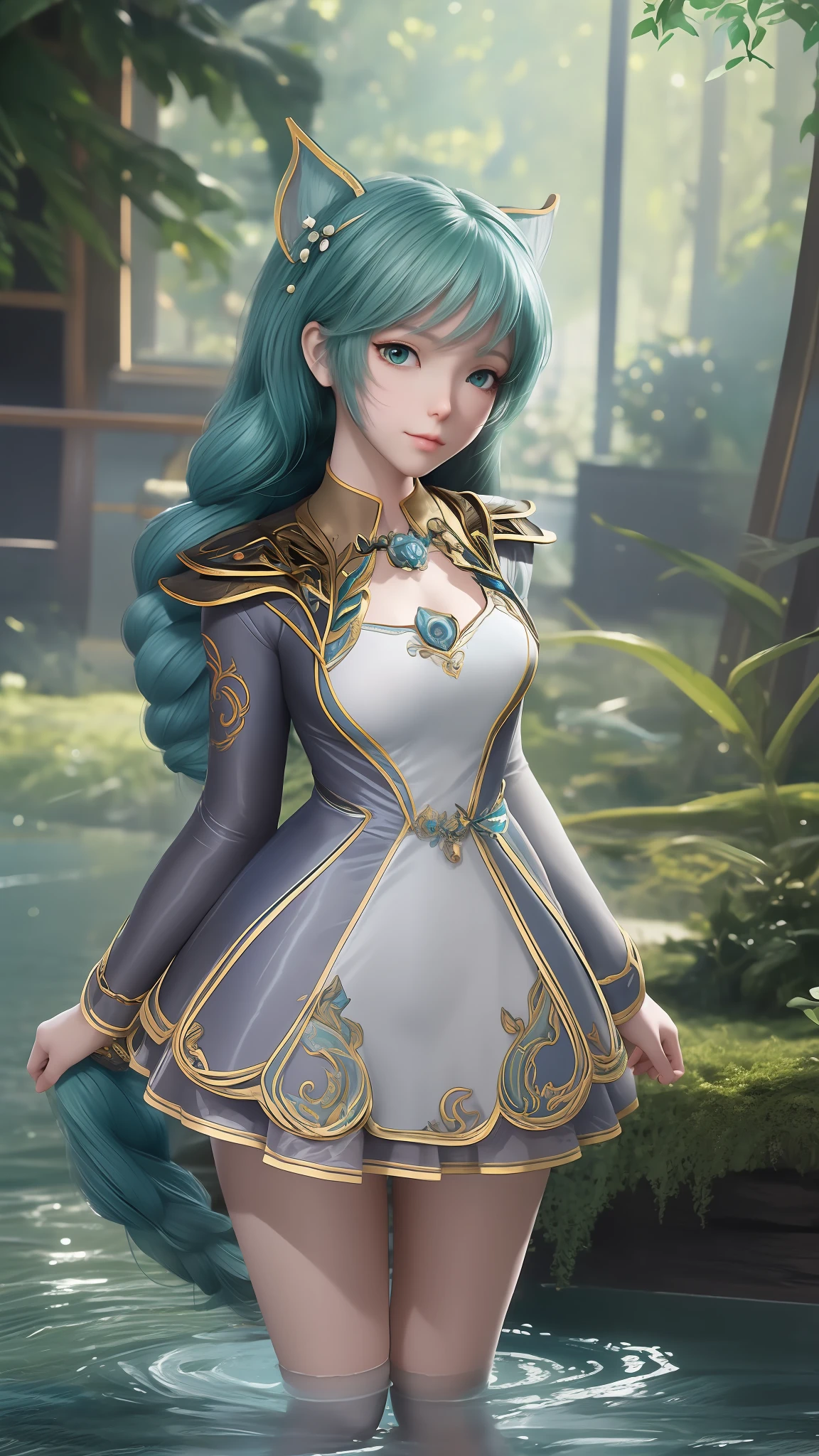 Arapei in a blue and white dress stood in the water, Anime girl walking on water, closeup fantasy with water magic, azur lane style, trending on cgstation, Anime girl cosplay, seraphine ahri kda, Splash art anime Loli, trending at cgstation, realistic water, water fairy, WLOP and Sakimichan