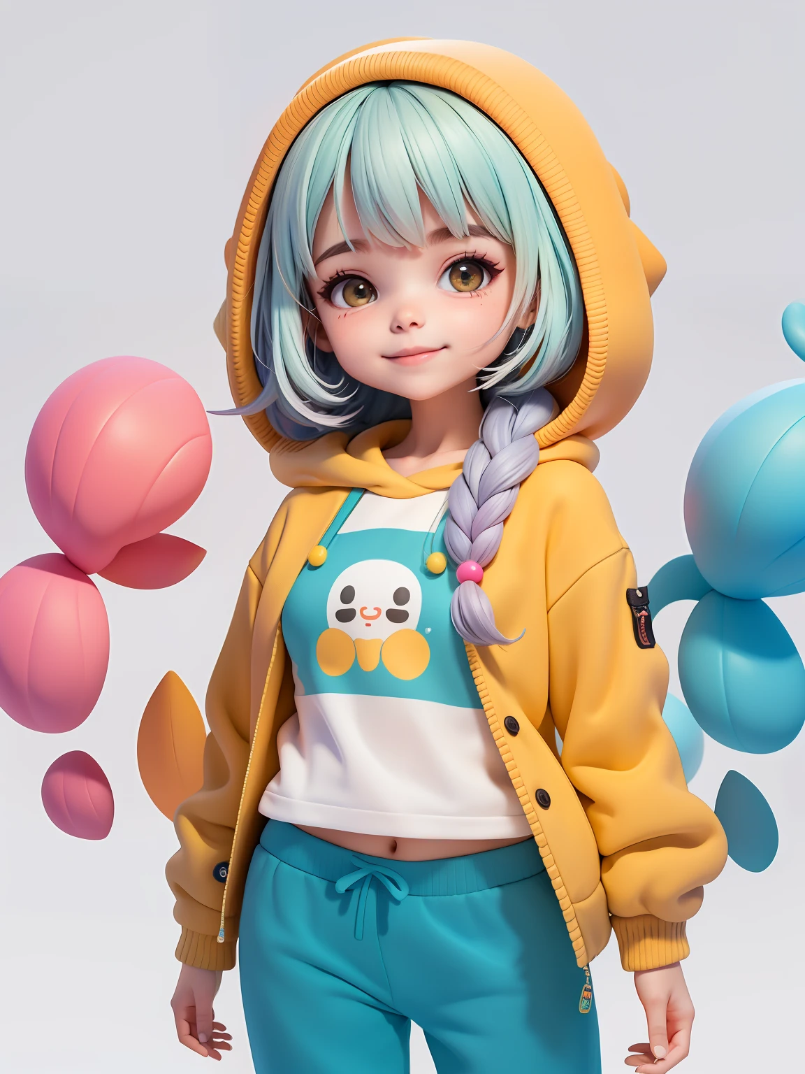 (obra-prima), (melhor qualidade), (ultra-detalhado), (corpo inteiro: 1.2) baby menina bonita e fofa, tema candy, capuz, moletom colorido, Knitted jumpsuits, Pants, jaqueta, blusa, sorriso claro, corpo inteiro, :3, fundo tom pastel , colorido e simples.