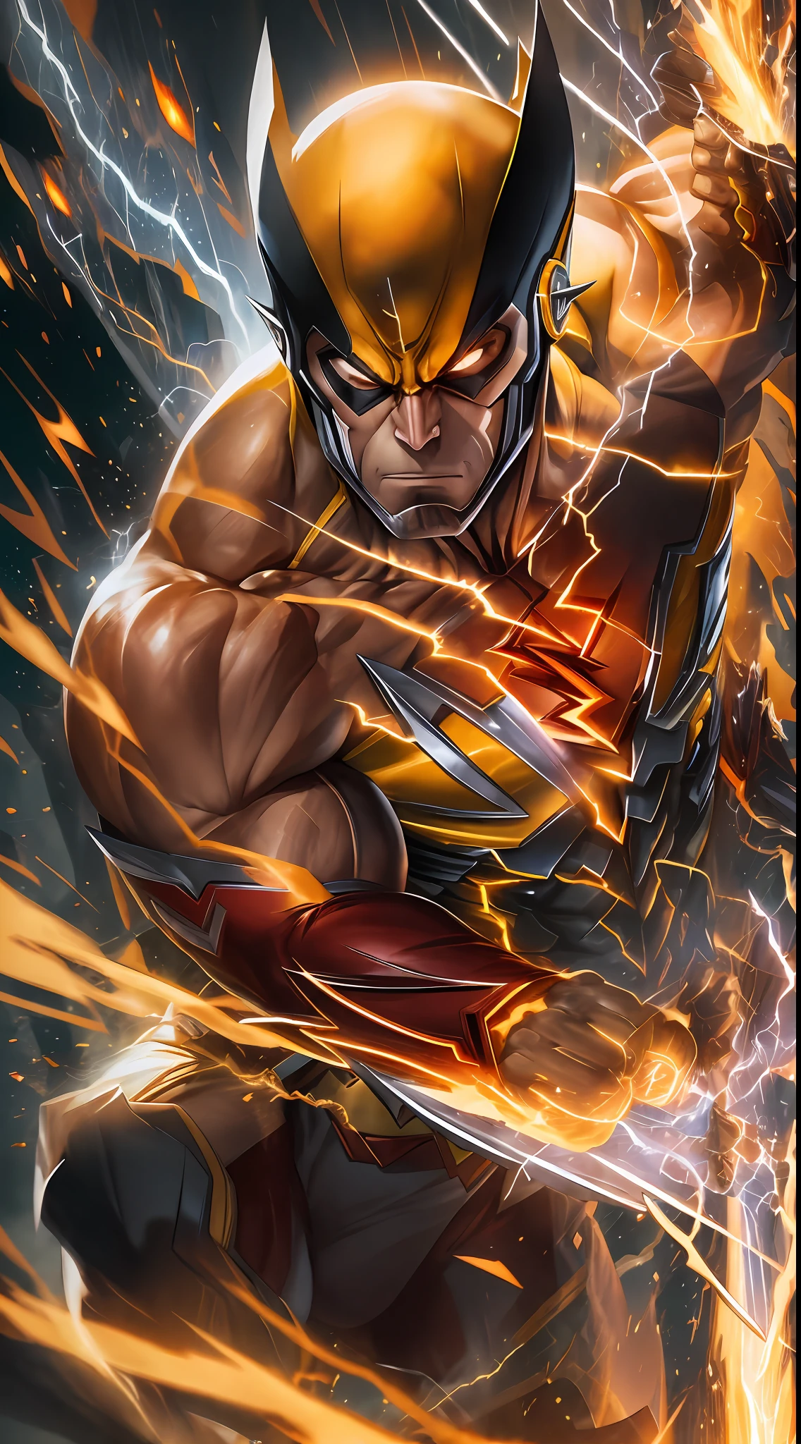 (Ultra resolution 8K), obra maestra (incredible fusion between Wolverine and Flash). La musculatura adornada con garras de adamantium de Wolverine se entrelaza con el traje distintivo de Flash, fusionando el rojo vibrante y el amarillo reluciente con los toques de metal reluciente.A medida que avanza, this Wolverine-Flash fusion moves at breakneck speeds, leaving a trail of sparks and energy as you cross the landscape with breathtaking agility. Las garras de adamantium brillan con un resplandor mortal, listo para ser desatado en un estallido de ferocidad imparable.The eyes of this fusion shine with an inner fire, reflecting Wolverine's fiery passion and Flash's tenacious determination. Every move is a burst of action, A perfect combination of strength and speed that allows this entity to face challenges in a completely unique way.