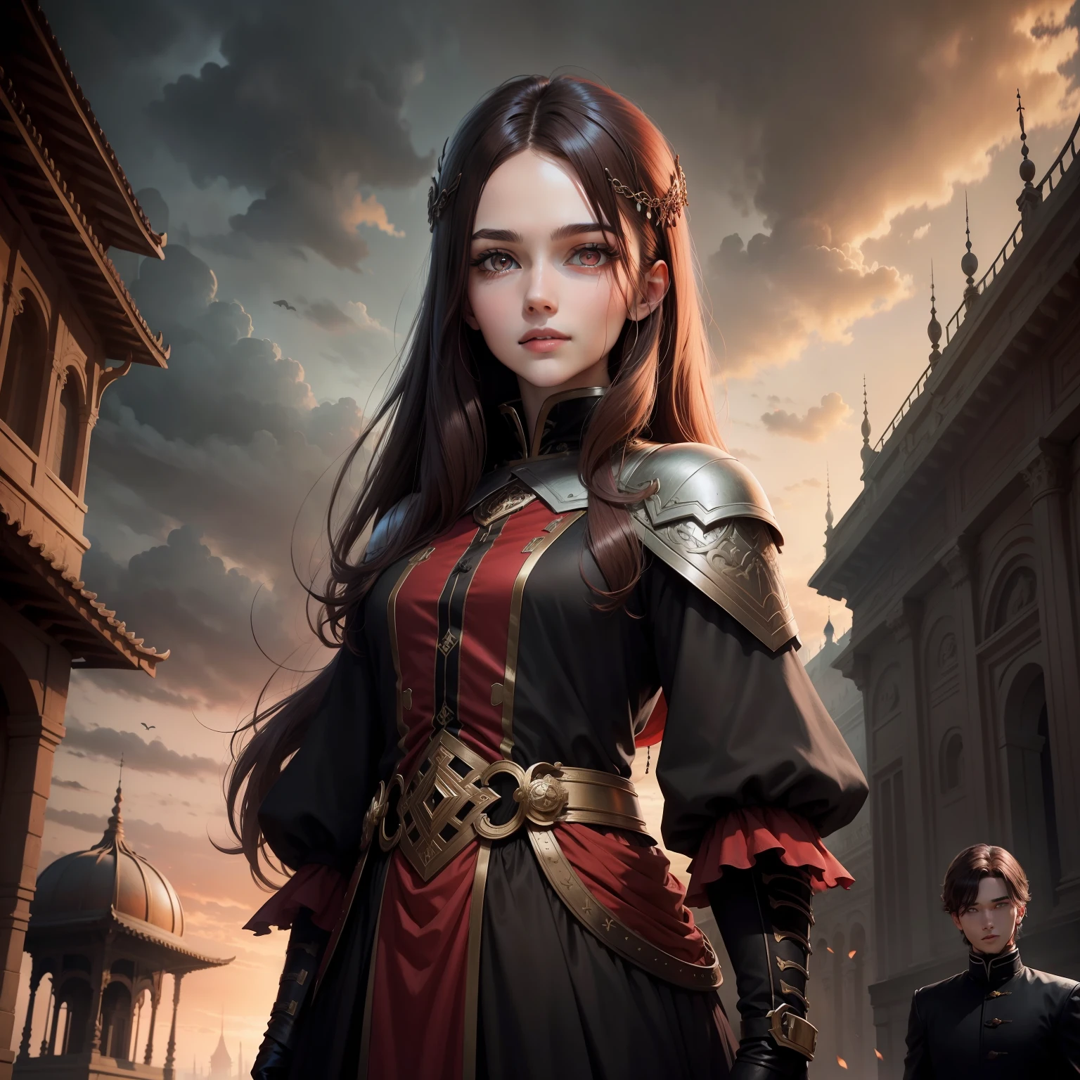 Gloomy sky,dead tree,brunette color hair,male people,Red eyes,ssmile,Old palace,