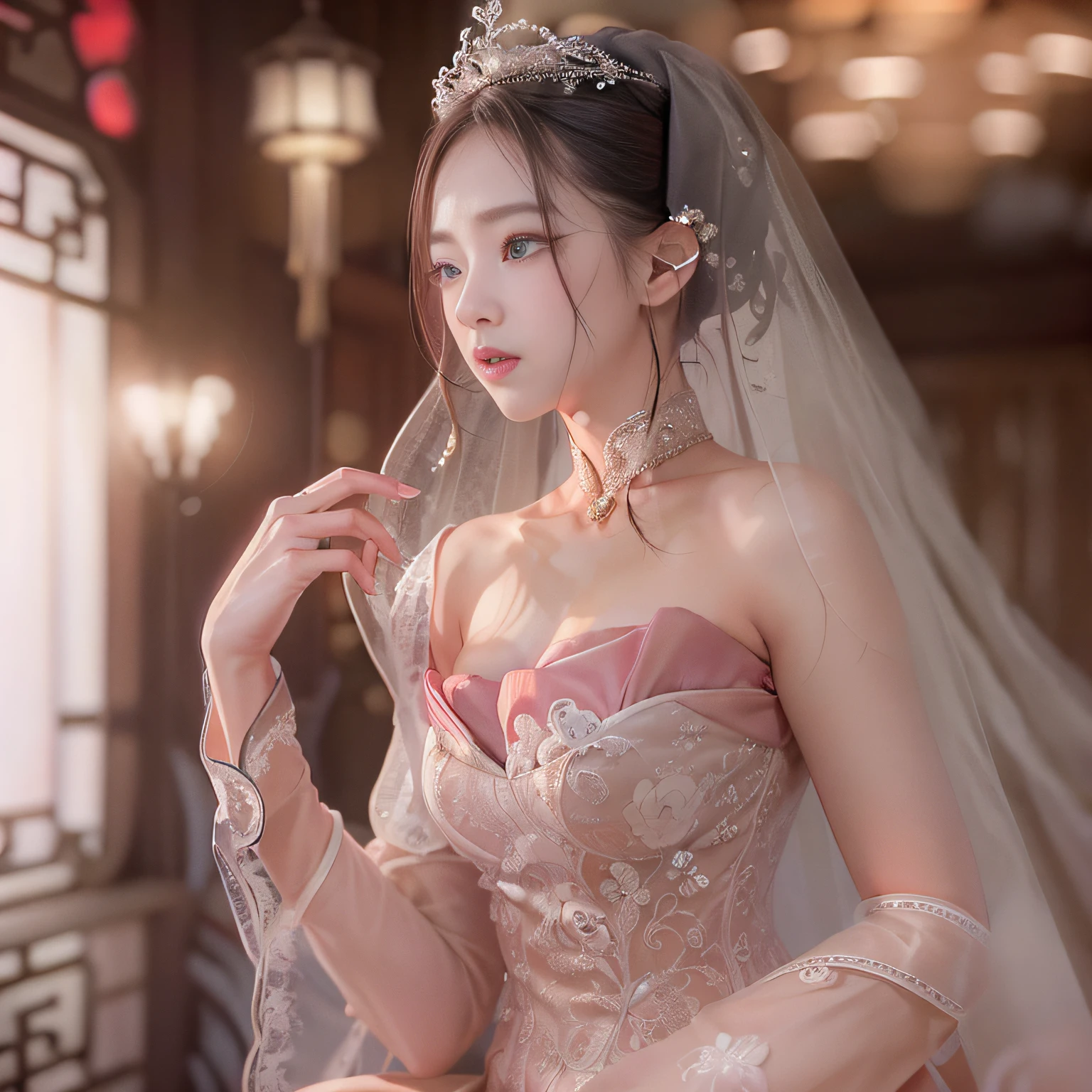 best qualtiy， tmasterpiece， A high resolution， 1girll，Chinese wedding dress，Tyndall effect，realisticlying，Pink room edge lighting，twotonelighting，（highdetailskin：1.2），8K high-definition，gentle illumination，high high quality，Volume lighting, blur, upper body, plump breasts, deep cleavage