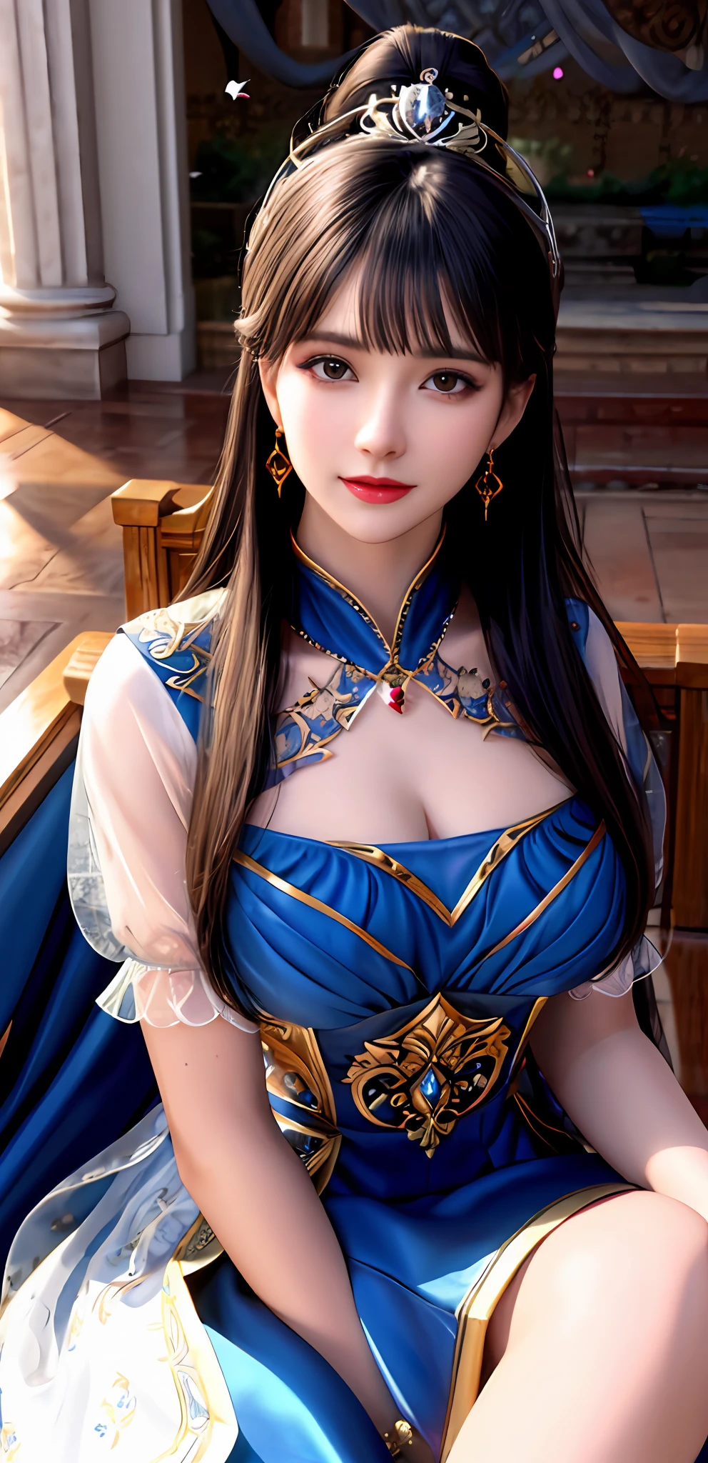 (realisticity: 1.2), best quality, 8K UHD, masterpiece, highres,cg,
1 super detailed girl, super detailed queen

, sitting on a super detailed royal throne, lud, xurious royal palace background, beautiful and detailed, super detailed long hair, wearing a beautiful and luxurious crown with diamonds and super detailed,

super detailed dress, Super detailed dress sleeves, super detailed beautiful earrings, 
 solo, jewelry, super detailed red and blue dress, pretty face, beautiful, and super detailed, 

, earrings, super detailed hairdo, splashing, the upper body is very super detailed, super detailed hair bun, super detailed black hair,
lighting,candid,Photograph,high resolution,4k,8k,Bokeh,