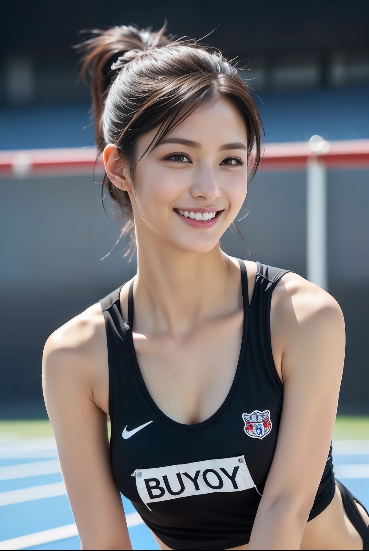 (((full bodyesbian)))、japanese beauty girl、(((track and field uniform)))、((Glossy shoulder-length black hair))、Posing、hairarmpits、Wet body、Sweaty body、Perfect style、beauty legs、kawaii、((Track & Field Athletes Women))、(((1人)))、((stadium))、Transcendent cute、A slight smil、Beautiful breasts、full bodyesbian、athletic field、((Outstanding style))、((Healthy body))、 Photorealsitic、Beautiful detailed eyes、Hyper-Realism、highcontrast、Ultra HD、realistic skin textures、Top image quality、top-quality、超A high resolution、Fine details、Very meticulously