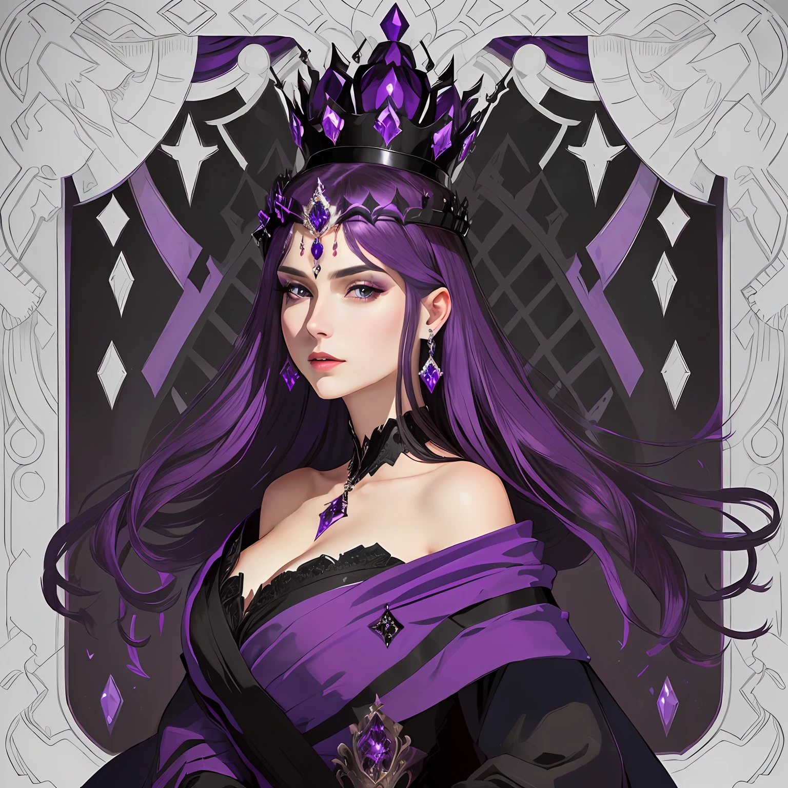 A dark queen with gentle face and a crown with a purple diamond wide shot with hell back ground, and the queen in sideveiw