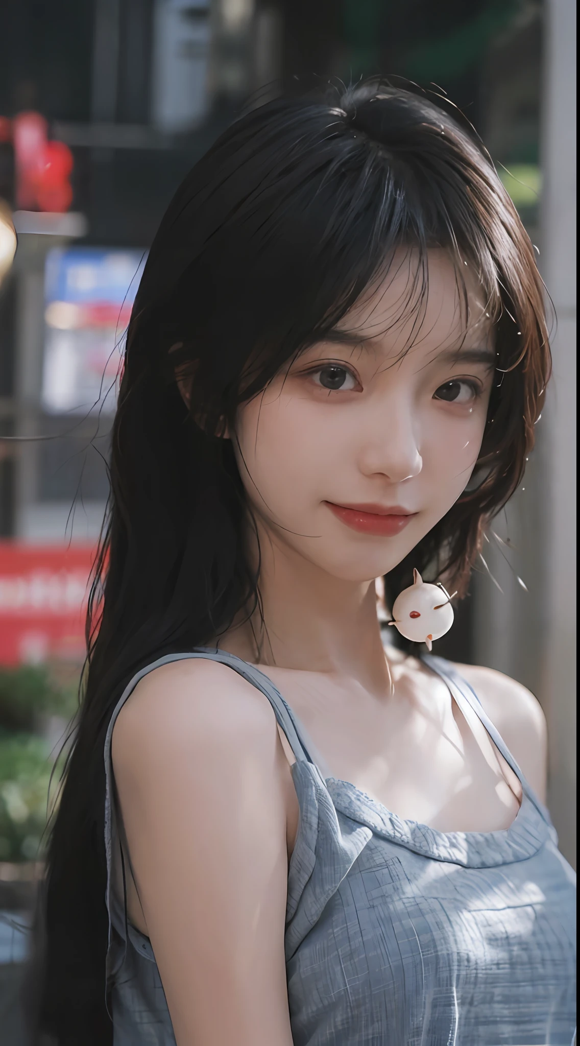 best qualtiy, 超高分辨率, (realisticlying:1.4),((Medium hair))),absurderes:1.2, The background is blurred out, Bokeh:1.2, photography of, (RAW photogr:1.2), (realisticlying:1.4), (tmasterpiece:1.3), (complexdetails:1.2), 1girll, 独奏, delicated, beautifuldetails, (Detailed eyes), (detailedfacialfeatures), Petite, (((Large breasts))), skin tight, (Looking_at_peeping at the viewer), (being thin), (best qualtiy:1.4), (超高分辨率:1.2), cinematric light, (Extreme detail illustration), (Gloss on lips, best qualityer, 超高分辨率, ,1girll, 独奏, (((blue tanktop)))ssmile,