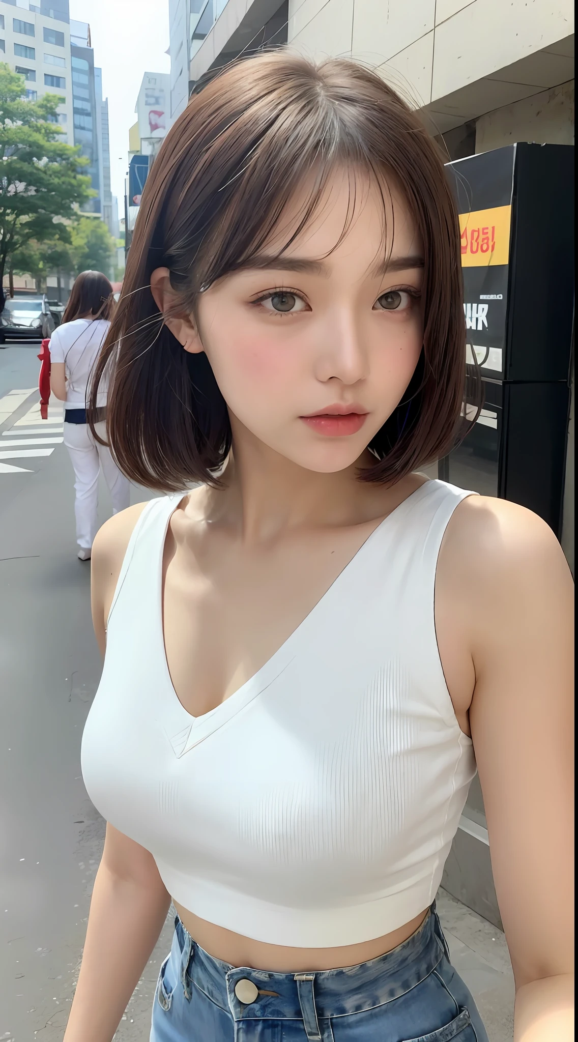 ((best qualtiy,8K,tmasterpiece:1.3)),(Flower Cap:1.3),Perfect beauty:1.4,glute:1.2,(Layered Hair Style:1.2)),(the street:1.3),Highly Detailed Face and Skin Textur,full bodyesbian,Elaborate Eyes,二重まぶた,Whitens the skin,Short wave hair,Cute Korean beauty(with a round face:1.5),(Loose top,shorter pants:1.6)