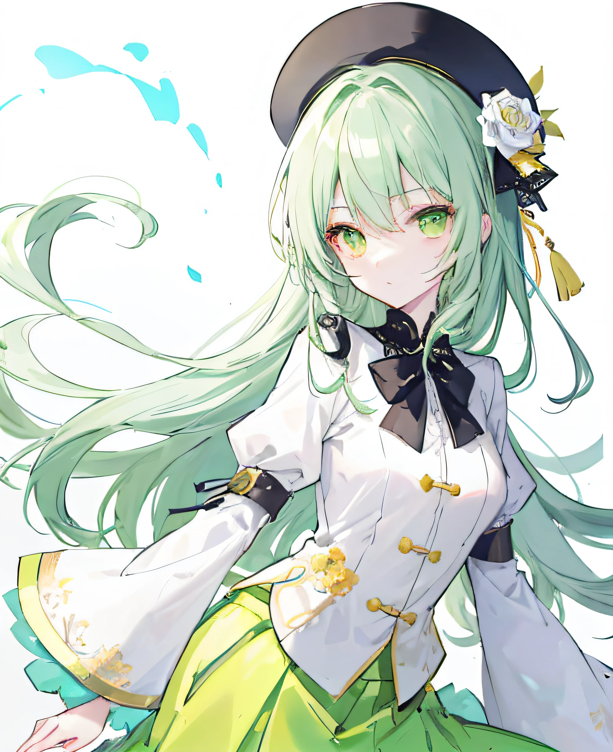 Drawing of a girl in a hat and bow tie, She wears a cap, Healthy white yellow skin!!, Delicate girls, Inspired by beautiful girls, 2 d style, 2 d anime style, Character in a black hat, High-quality fanart, drawn image,The brim of the hat is wrapped around a yellow bow,Reference role:Gu Mingdi love in the Oriental Project,Add a yellow top,Add a green skirt,The skirt has a white rose flower pattern,Large open black lace-trimmed sleeves,Green eyes,Green-gray hair,Wear it with a shawl