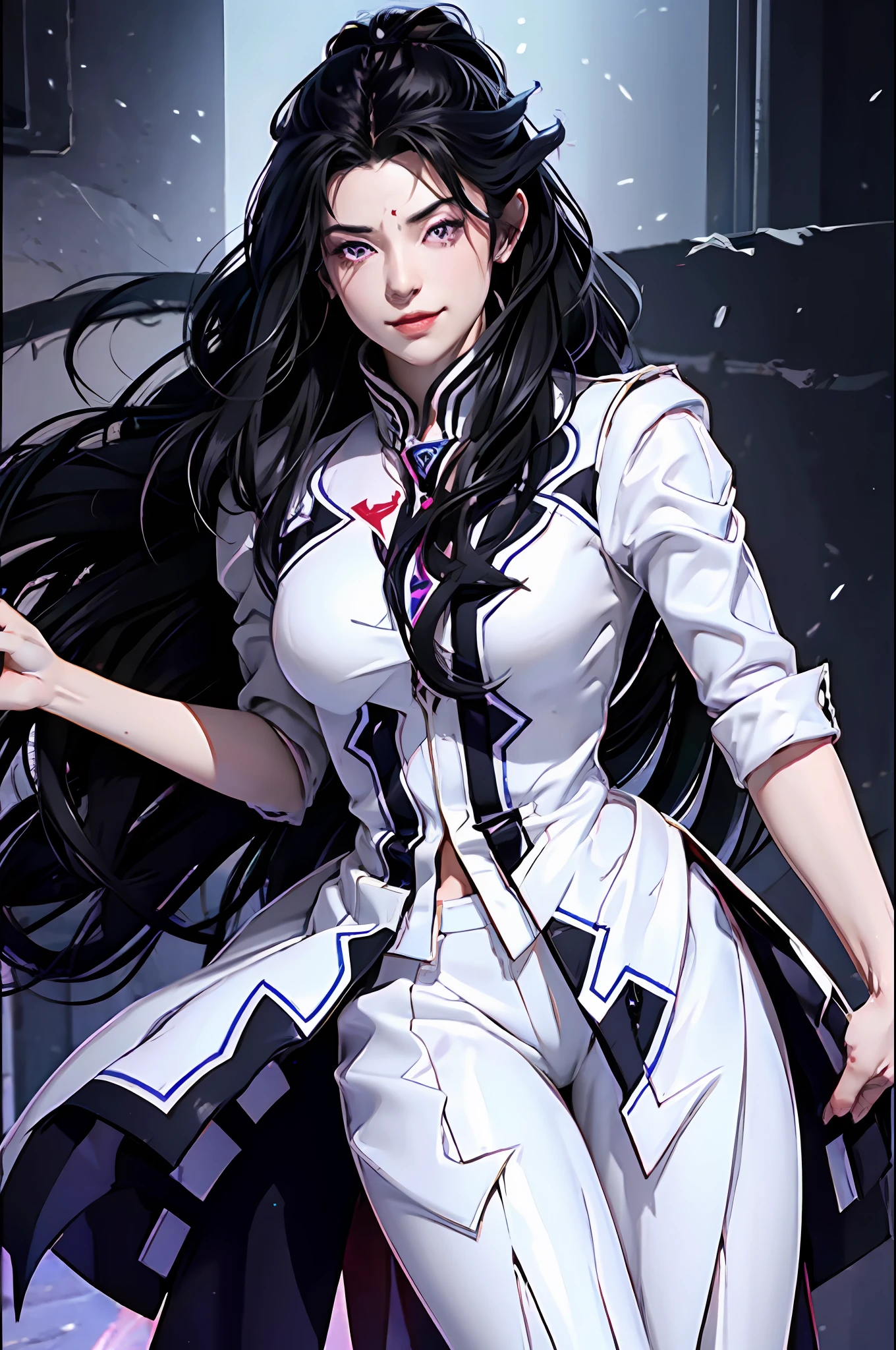 female arbiter vildred, 1 girl, detailed face, beautiful face, black long hair, sharp eyes, deep starring, white tuxedo, killer smile, full body, dynamic pose, looking to viewer, 8k, UHD, Masterpiece