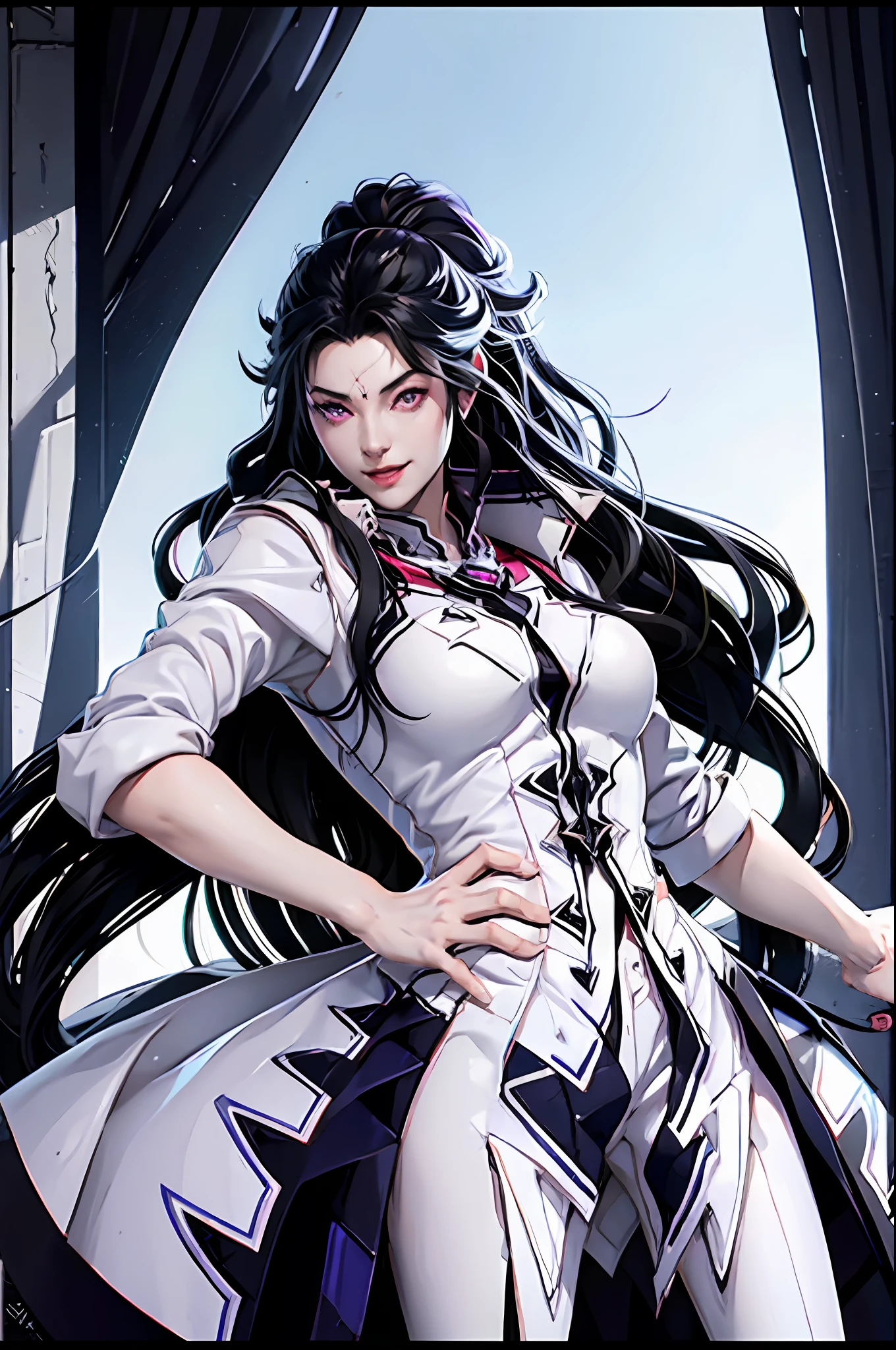 female arbiter vildred, 1 girl, detailed face, beautiful face, black long hair, sharp eyes, deep starring, white tuxedo, killer smile, full body, dynamic pose, looking to viewer, 8k, UHD, Masterpiece