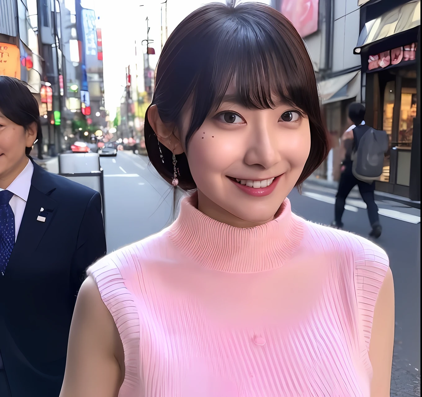 masutepiece, Best Quality, High resolution, 32K, (Sexy Japan Female News Reporter:1.5, Realistic microphone in hand:1.3, Included pin microphone:1.5), (a person々Interview with:1.5), (Many businessmen walking down the street :1.2), (Dotonbori in Osaka), (Pink:1.3, Sleeveless Open Chest Sweater:1.7), (Full body shot:1.15), hyperdetailed face, Ultra-realistic skin texture, (Huge breasts:1.5),