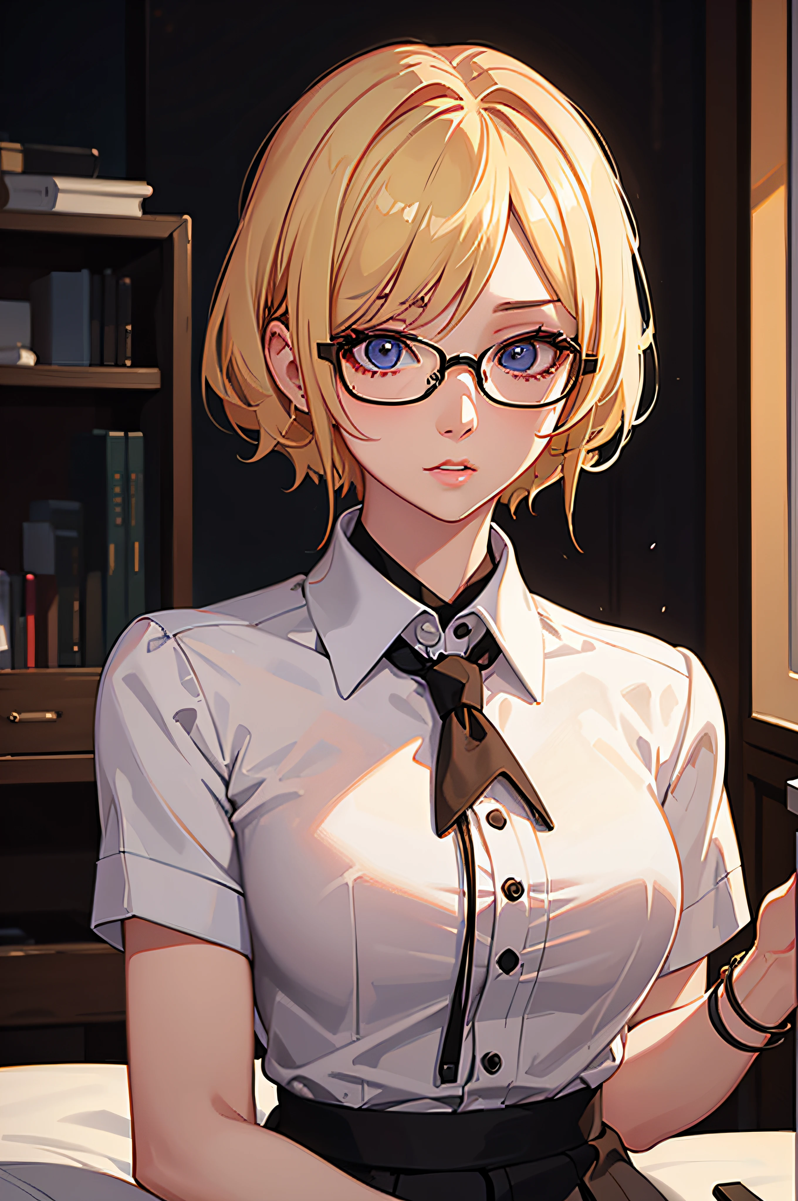 a blonde haired woman wearing glasses and a shirt, a photorealistic painting by Lü Ji, cgsociety, computer art, anime aesthetic, anime, ilya kuvshinov