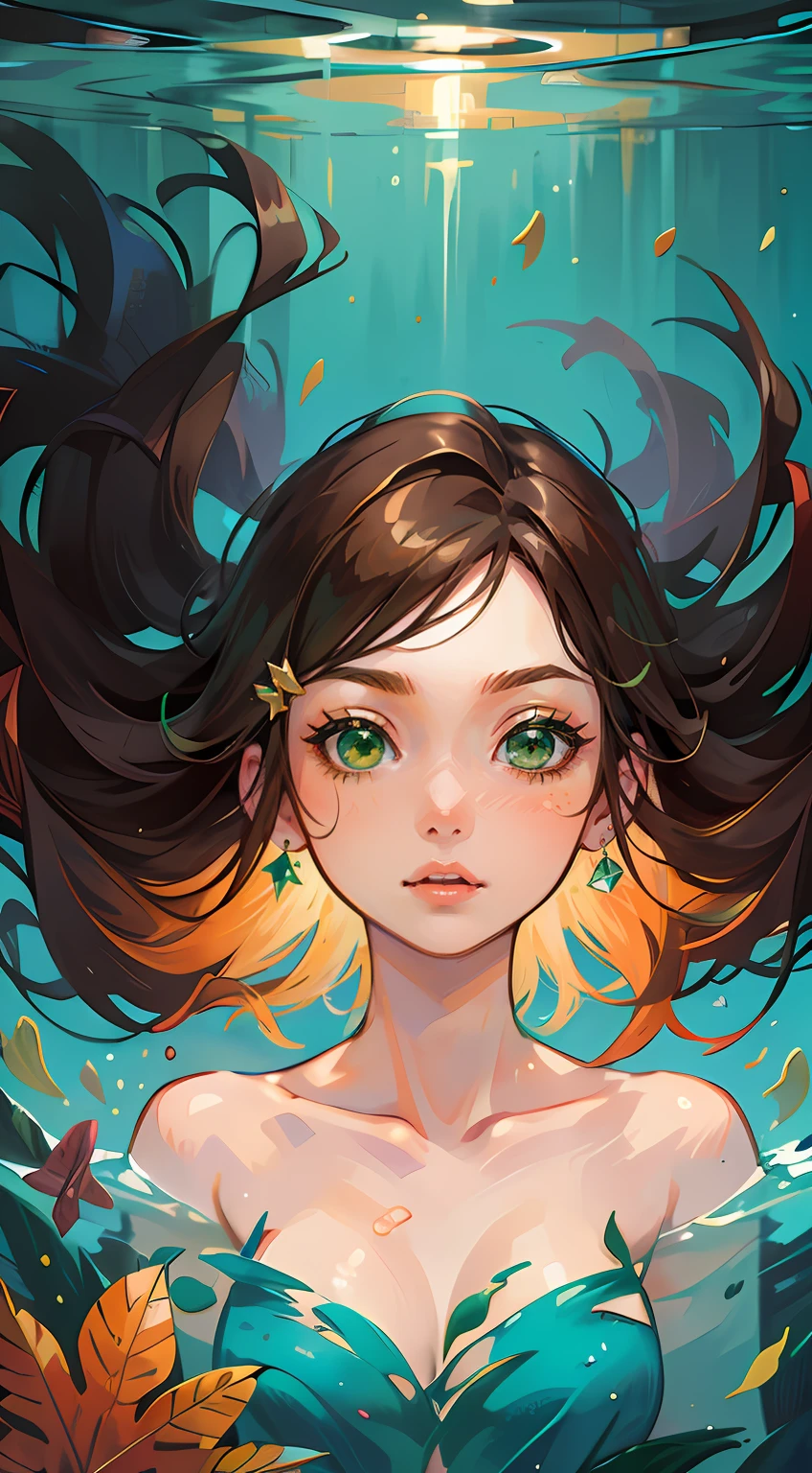 (masterpiece), best quality, beautiful detailed hair detailed face, ultra high res, sharp focus, ((1 woman, solo)), perfect feminine face, very stunning woman, full body, magazine cover, surprise face, under water, cocktail dress, chesnut brown hair, flowing long hair, (((green eyes)))