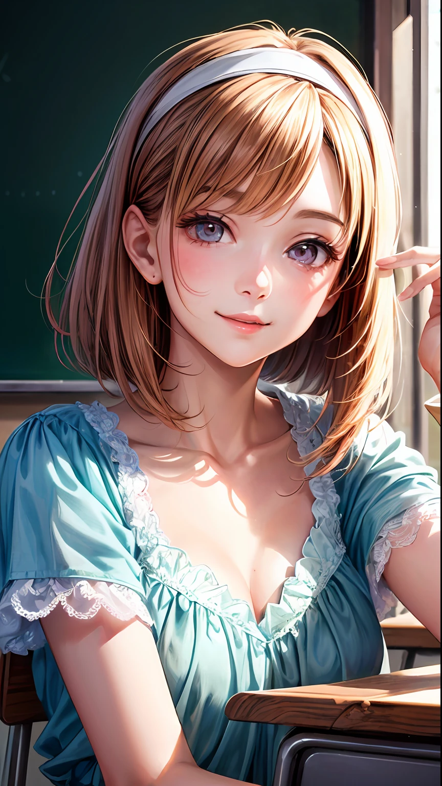 kawaiitech,pastel color, kawaii, cute colors ,classroom, pink, scholar , scroll, 1girl ,headband, lace top, frills, long hair, ginger hair, glowing eyes, smile ,closed mouth,bob cut, ((Best quality)), ((masterpiece)), (highly detailed:1.3), (photorealistic:1.4)