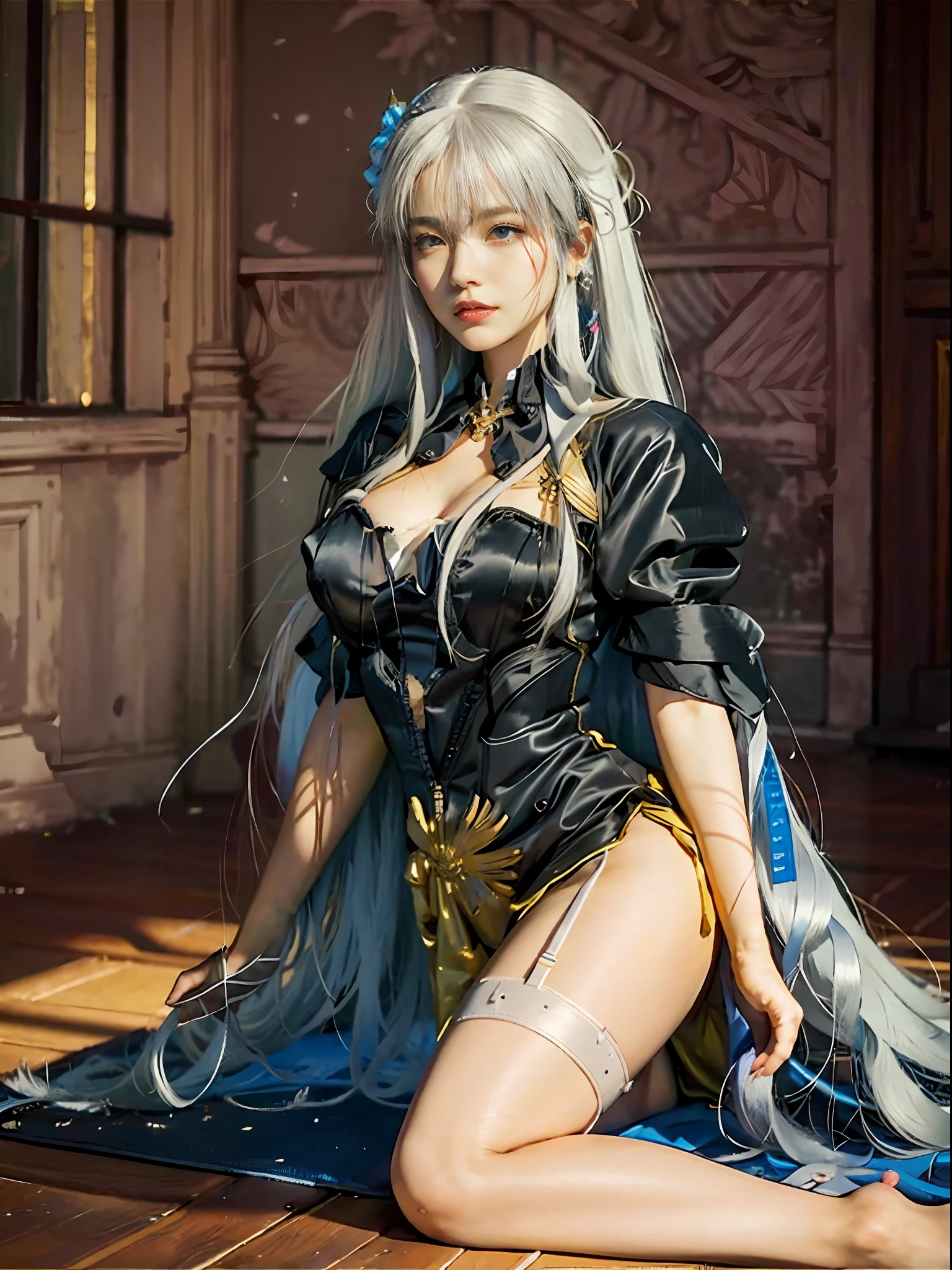 （Enrich the picture，Masterpiece level quality）Beautiful 8K CG artwork，Goddess-like posture，Kneeling exercise，Slim and soft，Translucent skin，White hair、The beauty of extra-long hair, Super Long Straight Hair，The skin is fair and juicy，Big JK Uniform，Perspective Part 1.2x enhanced silhouette effect，Exquisite transparent blues pattern in pajamas，The details are intricate and exquisite，The background is slightly blurred，Charming and lustful leg seduction，Drool，Extra-large big breasts，Blush，
