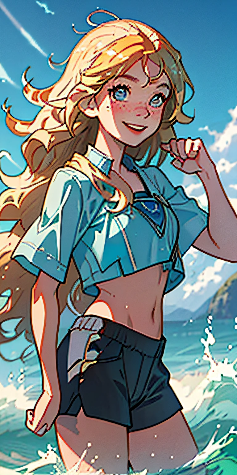(best quality, masterpiece), 1girl, paw pose, smile, laughing, ocean, crop top, shorts, blonde, freckles, blush, looking at viewer, wavy hair, cloud, splashing, waves, sun, mountain, wet