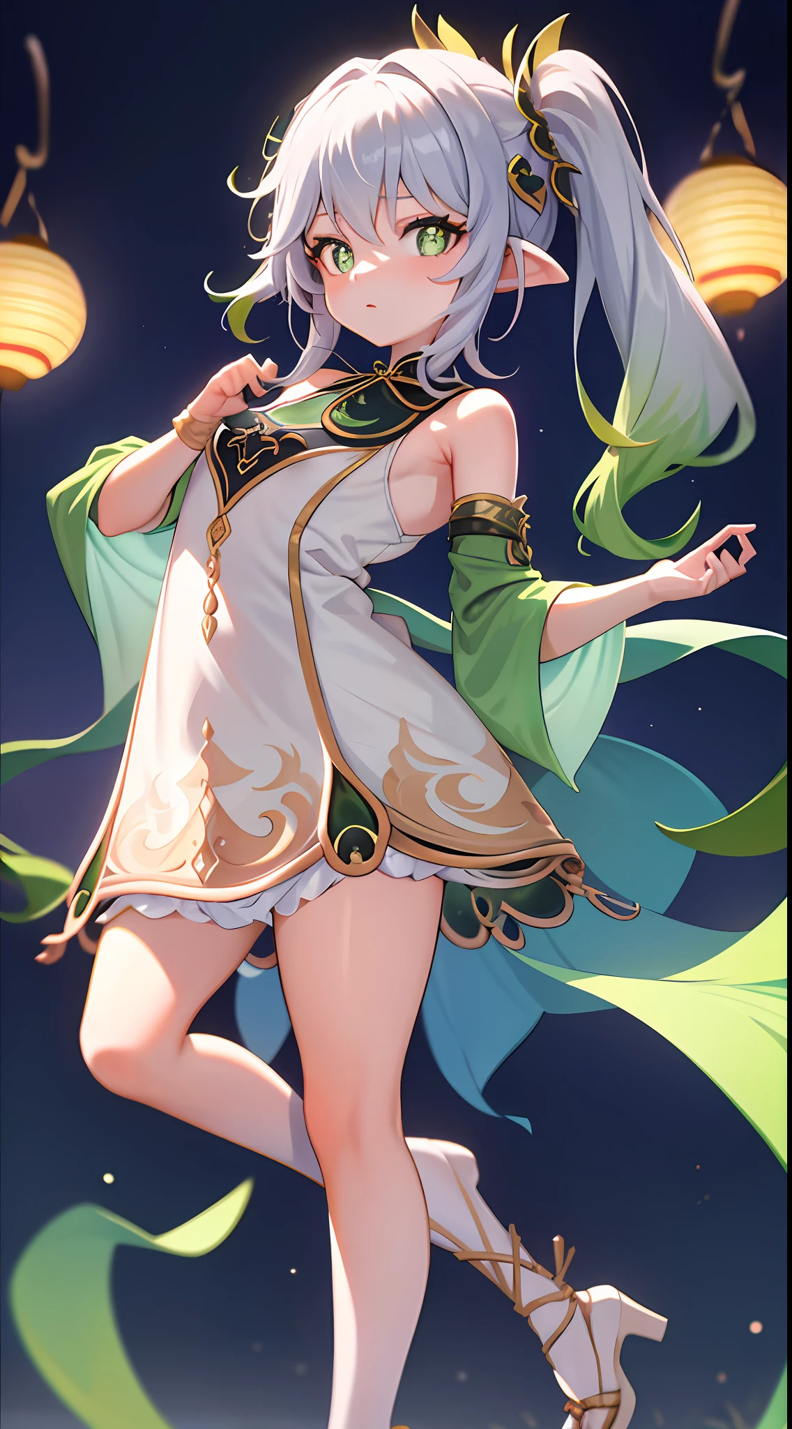 (Extremely delicate and beautiful:1.2),1girll, Top masterpieces，Hot details，Super fine details，Dynamic standing painting，standing on your feet，比基尼，full bodyesbian，By bangs,, Bow knot, seen from the front, Hair Bow, Lanterns, light particules, longer sleeves, looking at viewert，独奏，little breast，（Off-the-shoulder attire:1.5)，（cleavage:1.3)