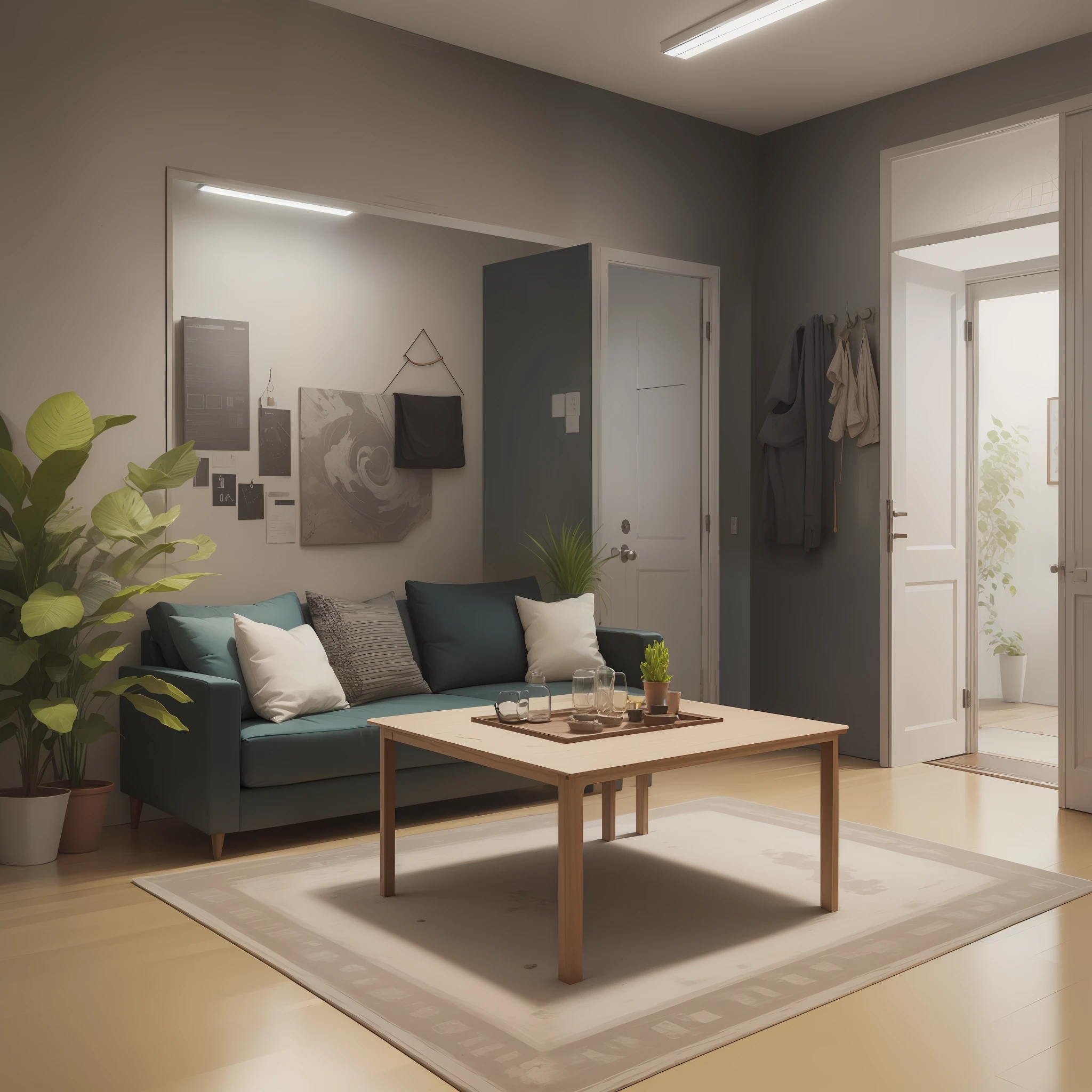 Design of a space with 20 square meters that has a table, hack, sofa and that has an entrance door --auto --s2