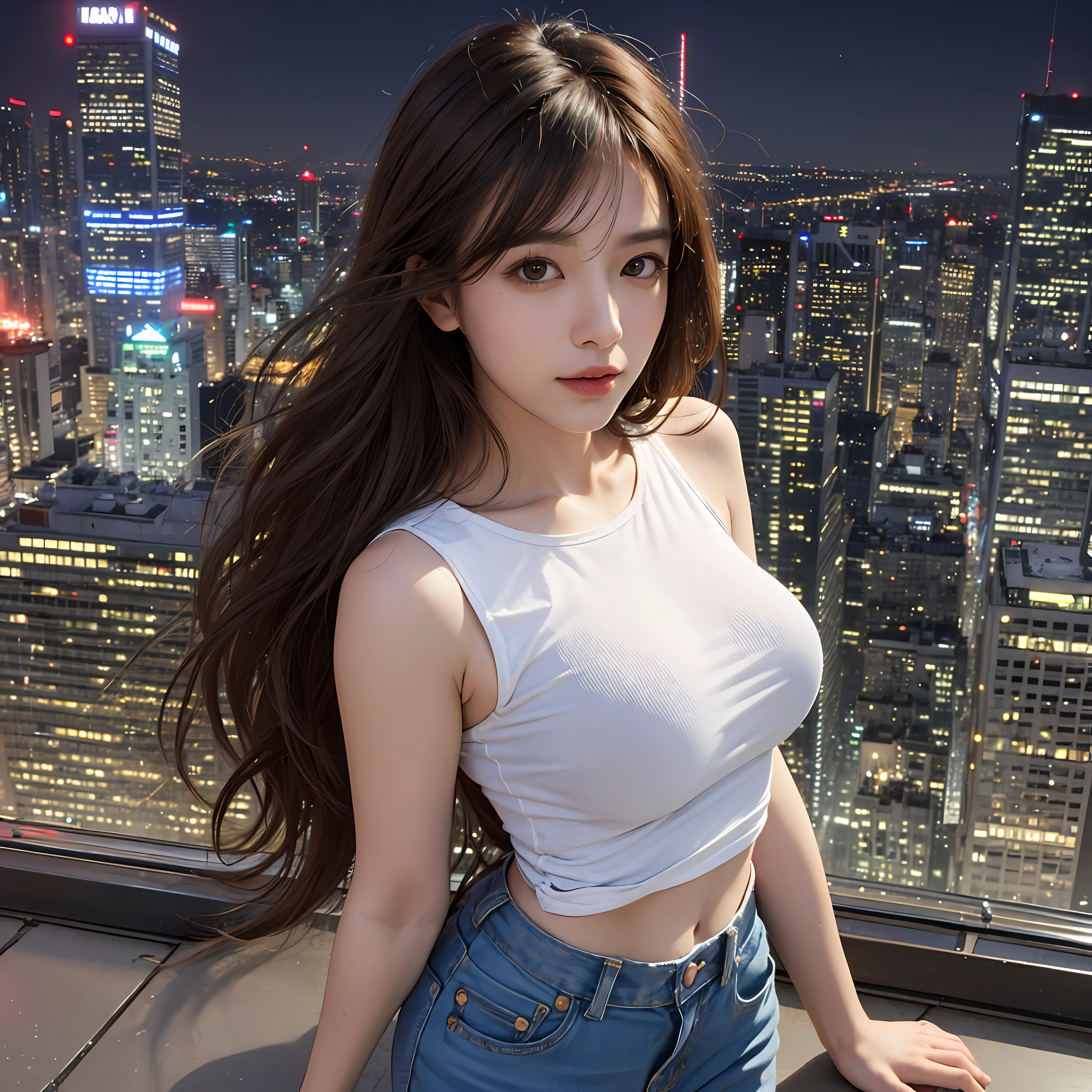 ((Midnight, Best quality, 8k, Masterpiece :1.3)), Whole body, Long legs, Sharp focus :1.2, A pretty woman with perfect figure :1.4, Slender abs :1.1, ((Dark brown hair, Big breasts :1.2)), (White tight tshirt, Jean bib, Standing:1.2), ((Night city view, Rooftop:1.3)), Highly detailed face and skin texture, Detailed eyes, Double eyelid