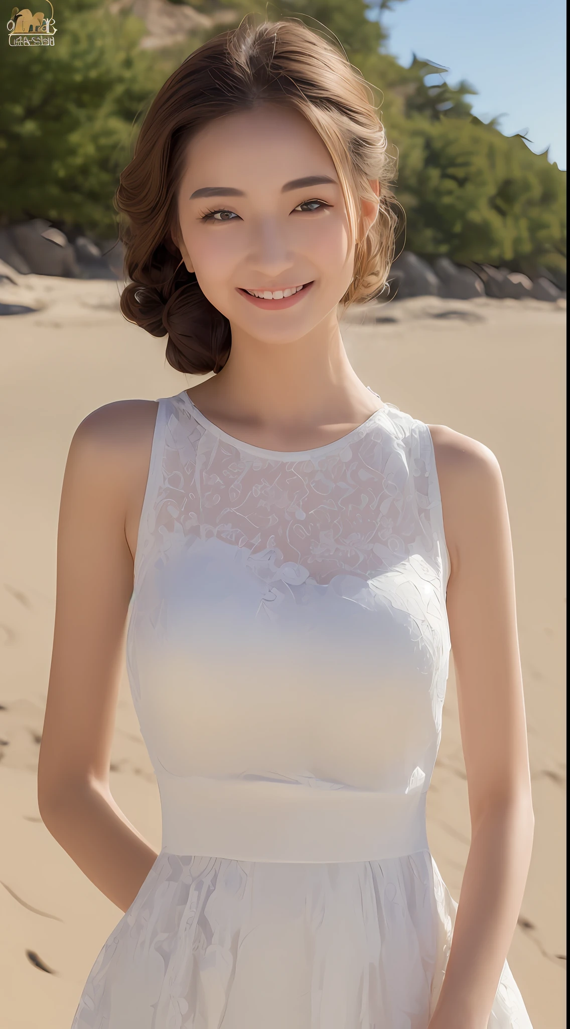((top-quality、8K、​masterpiece:1.3))、1girl in、Slim Abs Beauty:1.3、(Hairstyle Casual、huge tit:1.2)、qipao dress:1.1、Super fine face、Delicat eyes、二重まぶた、a smile、sand beach