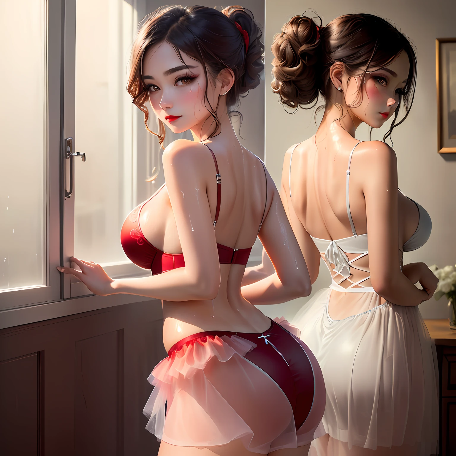 (Masterpiece, Gorgeous, HD), ((1 Girl): 1.2), Korean, (White Kyoto Hair): 1.3), (Odd Eyes: 1.1, Thick Eyebrows,), ((Medium Boobs): 1.2, Small waist, back), catwalk, masterpiece: 1.2, best quality), realism, (real picture, rich detail details, depth of field), (1 girl, solo), makeup, high detail, perfect face shape, (: 1.4), (skin dimples), arctic thick, wide hips, thin waist, tall, coral, red lips, red eyes, ponytail (girl, light tulle, sheer tulle), (sweat: 1.2), (wet), sexy, blushing, (shy expression)