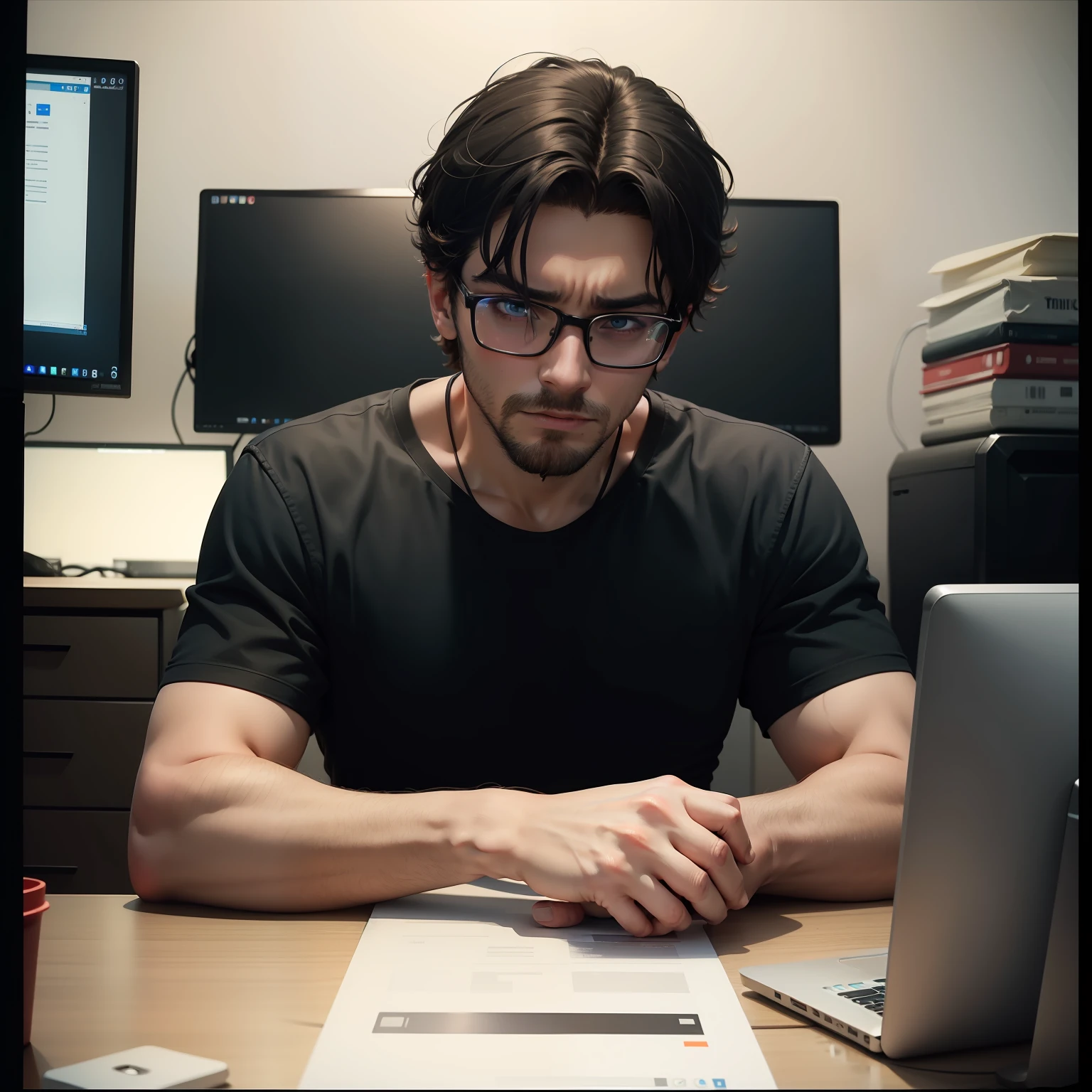 Create an image of a man who has a youtube channel and is desperate . And it's facing computer
