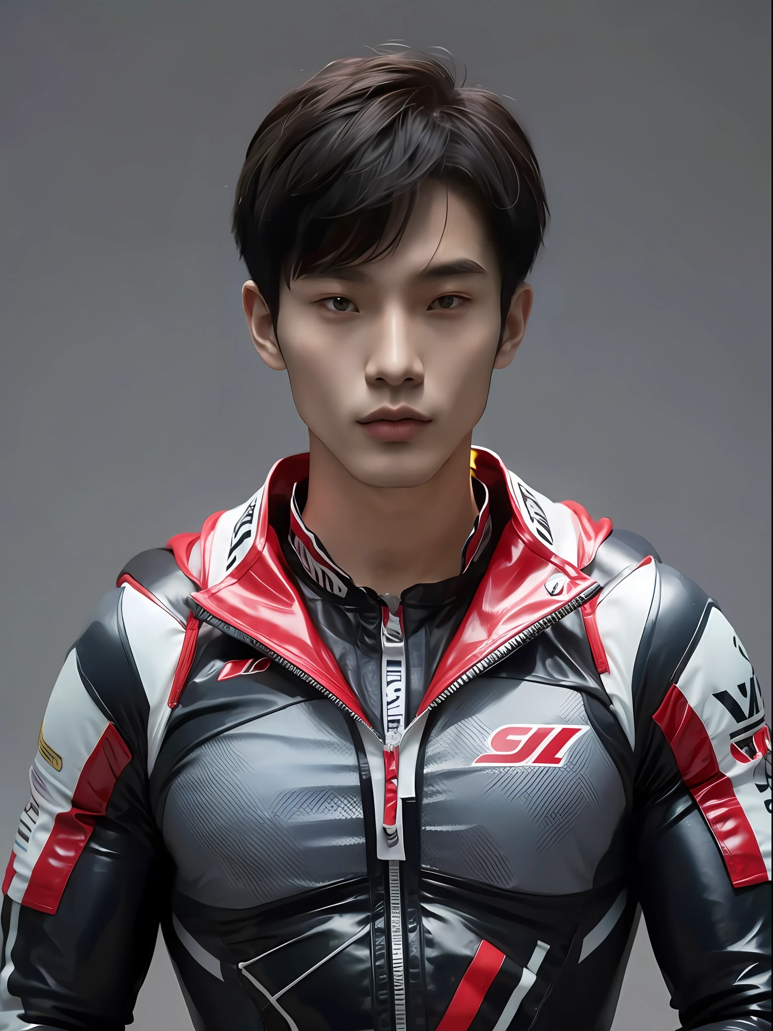 Chinese male high school student，PVC red racing suit