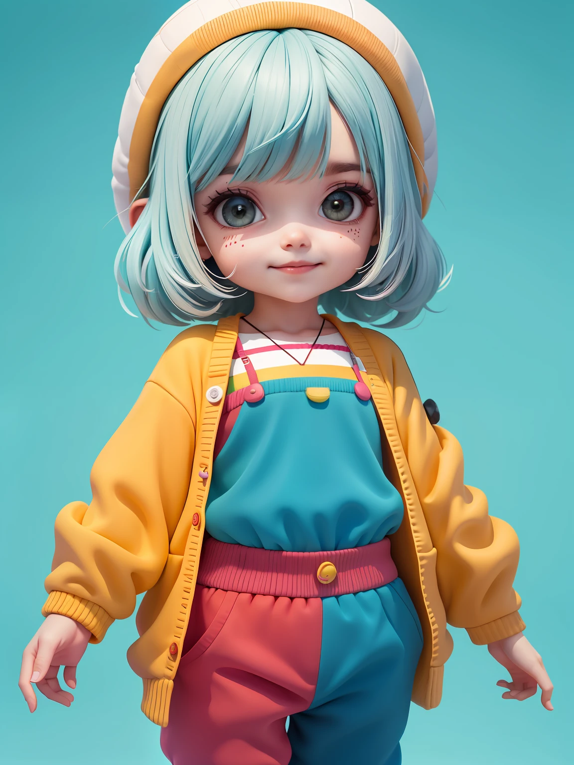 (obra-prima), (melhor qualidade), (ultra-detalhado), (corpo inteiro: 1.2) baby menina bonita e fofa, tema circus, capuz, moletom colorido, Knitted jumpsuits, Pants, jaqueta, blusa, sorriso claro, corpo inteiro, :3, fundo tom pastel , colorido e simples.
