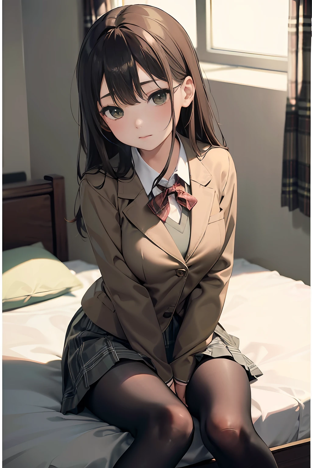 vulgarity、hi-school girl、on the beds、brownish hair、校服、(Brown blazer)、Ribbon Ties、(Green and gray plaid skirt)、(Black tights)、masterpiece、highcontrast、cinematlic lighting、Detailed shading、top-quality、Top image quality