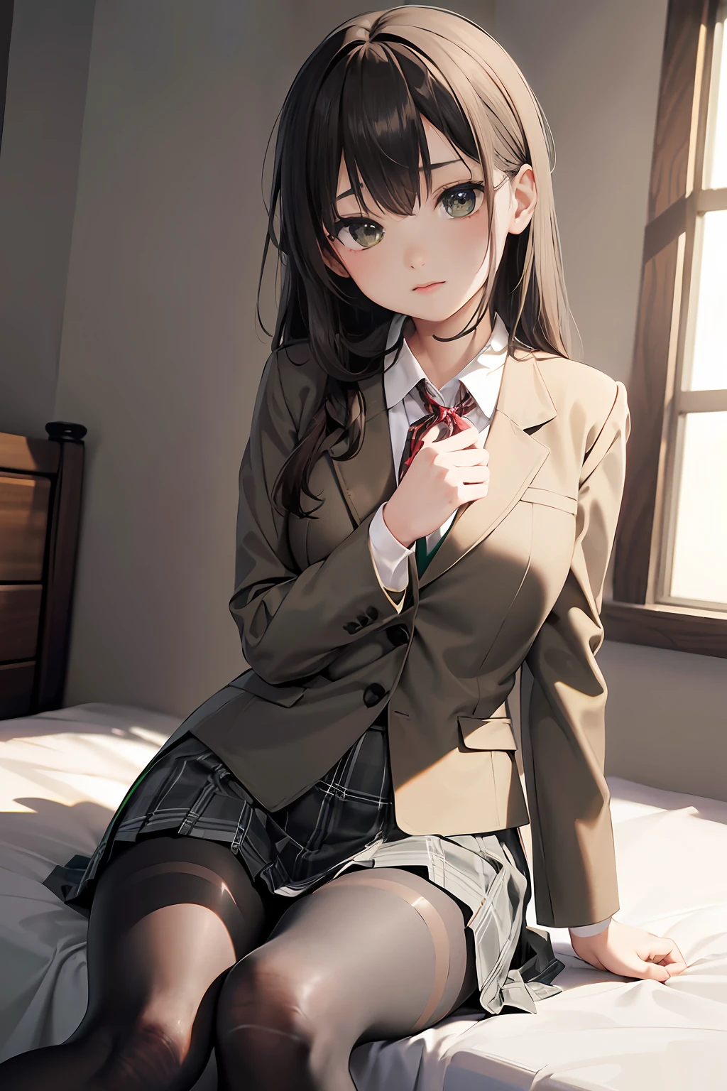 vulgarity、hi-school girl、on the beds、brownish hair、校服、(Brown blazer)、Ribbon Ties、(Green and gray plaid skirt)、(Black tights)、​masterpiece、highcontrast、cinematlic lighting、Detailed shading、top-quality、Top image quality