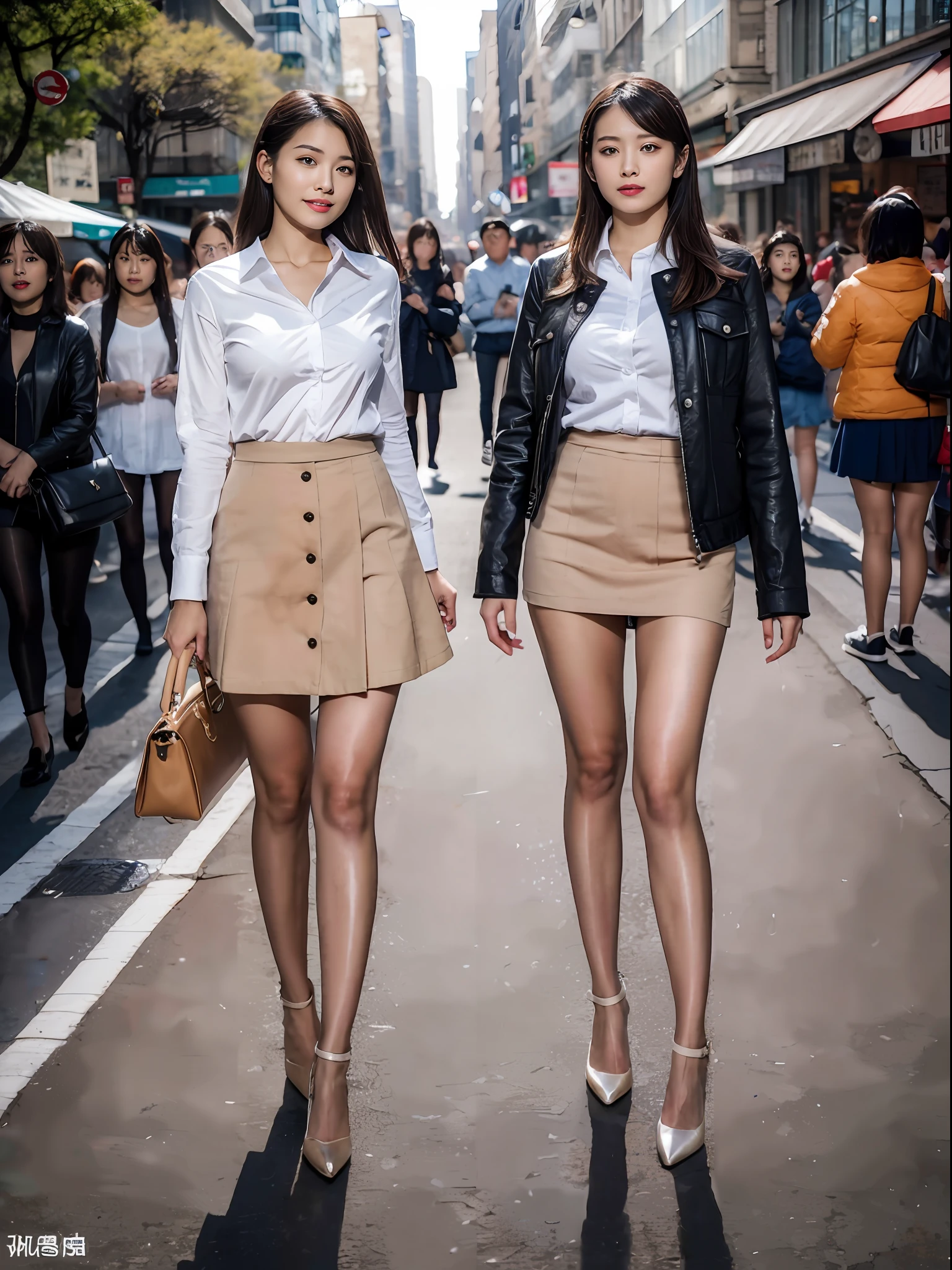 ,(RAW photo:1.2), (Photorealistic:1.4),Beautiful Meticulous Girl, very detailed eyes and faces, Beautiful detailed eyes, ultra - detailed, A high resolution, The is very detailed,best qualtiy,1个Giant Breast Girl,tmasterpiece,Beautiful outfit,a skirt,illustratio,The is very detailed,unified,8k 壁纸,finely detailled,tmasterpiece,best qualtiy,Unity8k wallpapers,1个Giant Breast Girl,16 yaers old,(Camel toes),(full bodyesbian),are standing,The shirt,鎖骨,Stylish clothes,short skirt,blacksilk,Long legs,high-heels,the street,城市