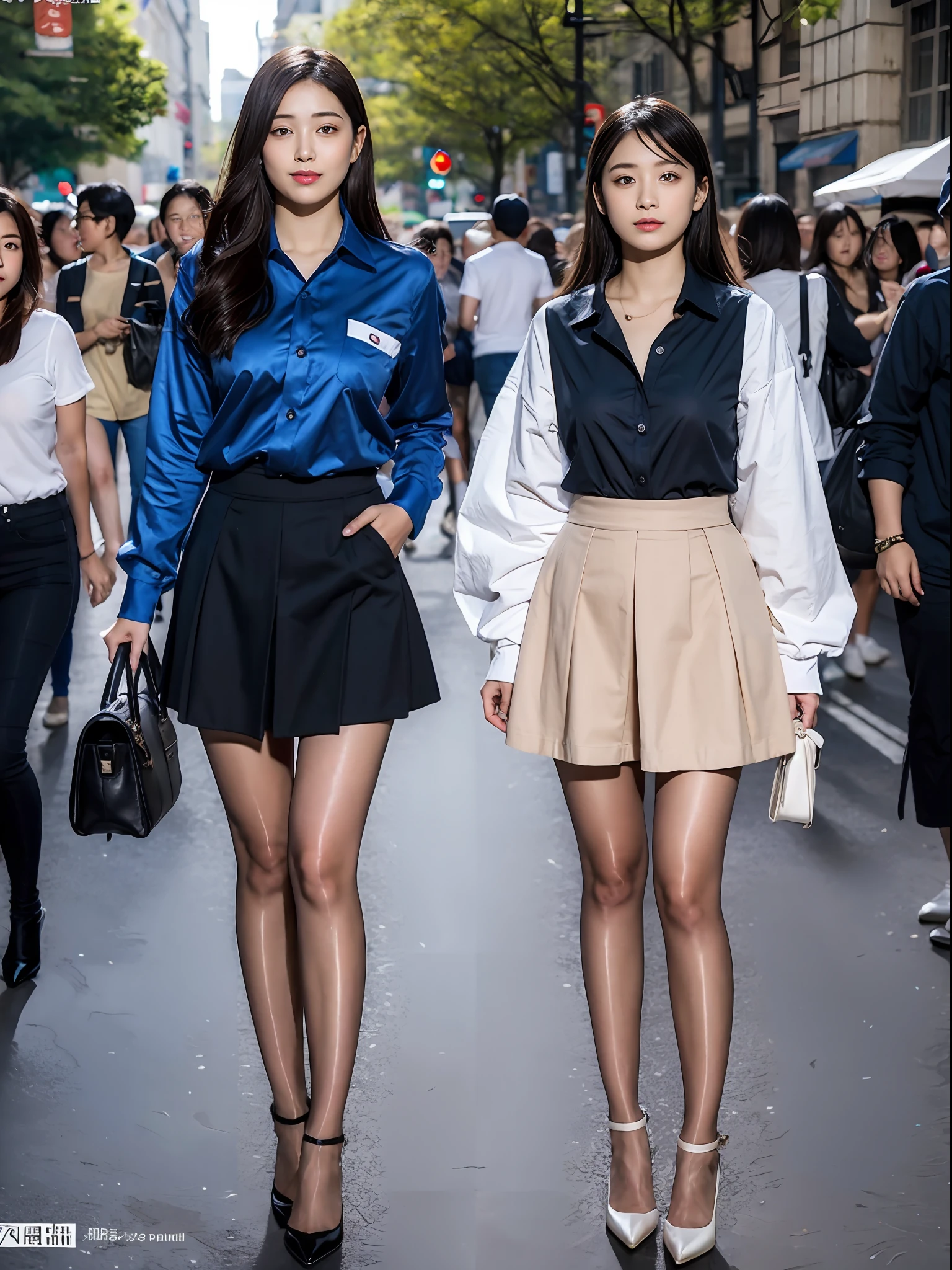,(RAW photo:1.2), (Photorealistic:1.4),Beautiful Meticulous Girl, very detailed eyes and faces, Beautiful detailed eyes, ultra - detailed, A high resolution, The is very detailed,best qualtiy,1个Giant Breast Girl,tmasterpiece,Beautiful outfit,a skirt,illustratio,The is very detailed,unified,8k 壁纸,finely detailled,tmasterpiece,best qualtiy,Unity8k wallpapers,1个Giant Breast Girl,16 yaers old,(Camel toes),(full bodyesbian),are standing,The shirt,鎖骨,Stylish clothes,short skirt,blacksilk,Long legs,high-heels,the street,城市