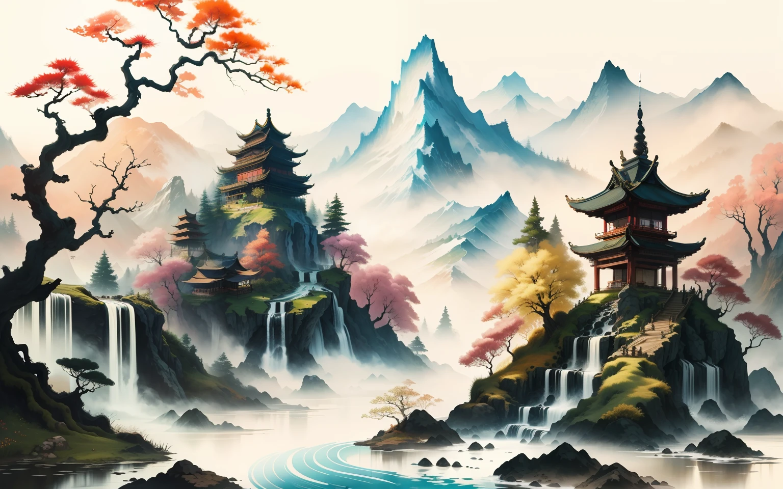 masterpiece, best quality, highly detailed,chinese ink painting,colorful ink painting,
mountain,waterfall,lake,tree