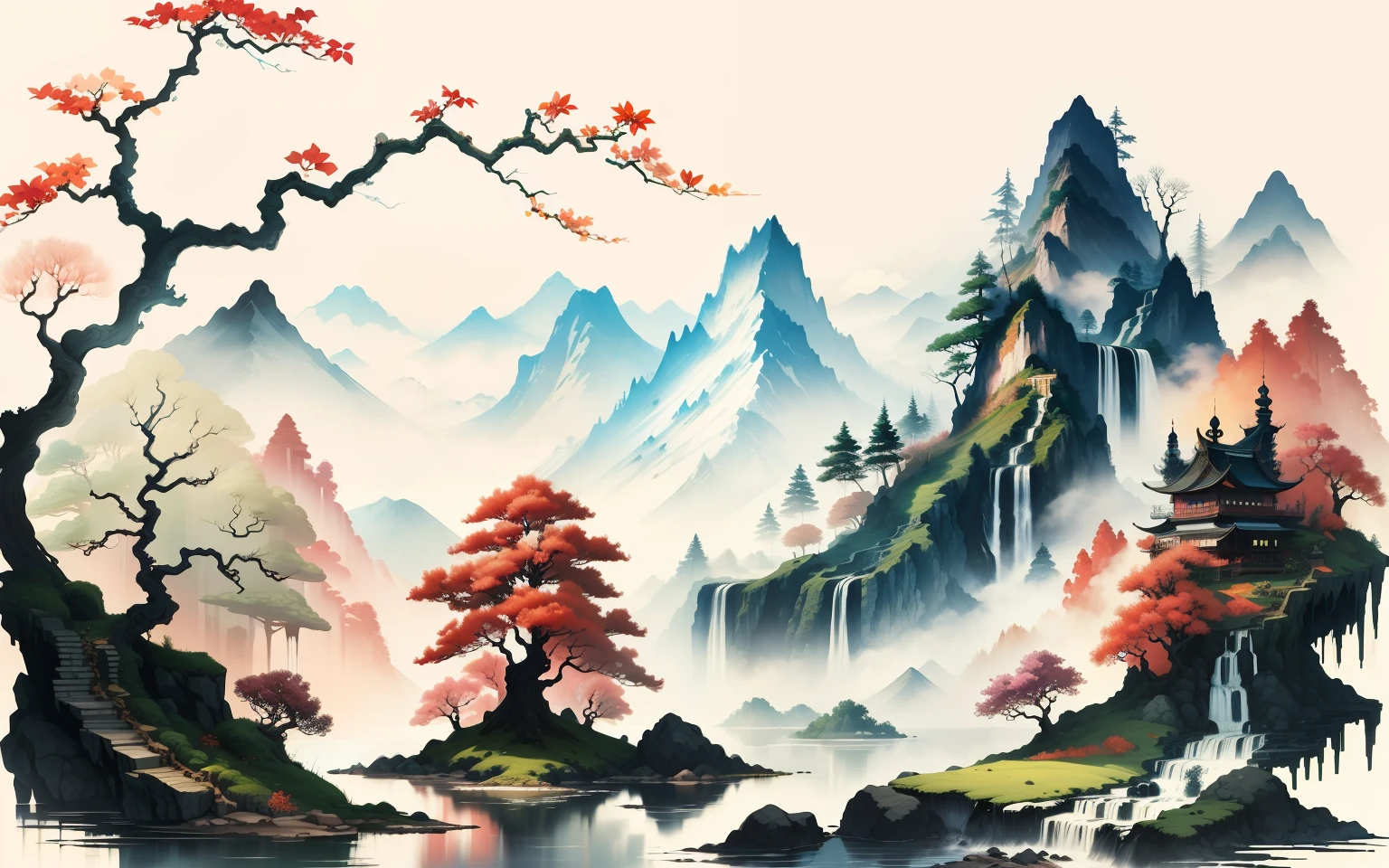 masterpiece, best quality, highly detailed,chinese ink painting,colorful ink painting,
mountain,waterfall,lake,tree