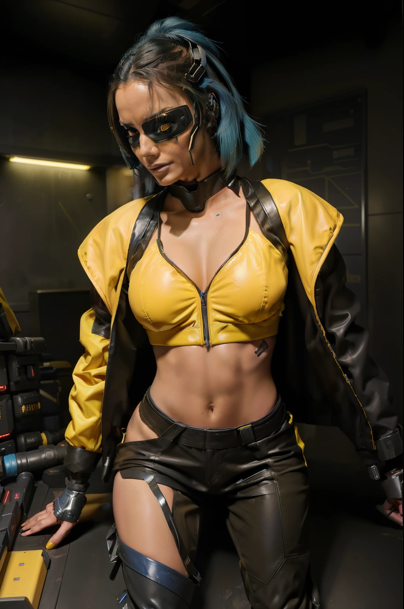8k, ARTISTIC photography, best quality, masterpiece: 1.2), (realistic, photorealistic: 1.37` Movie still from BLADE RUNNER movie (directed by ridley scott), cyber punk Goddess (((Olivia Ponton))) wearing a Virtual reality headset ,), ((Blue hair)) , (she's holding a key board), cyborg arm, (mechanical parts:1. 5), beautiful body, toned body, (muscles:1.3) (( dressed as futuristic samurai jacket, Gortex bomber jacket, ǍCROŇYM)). (((yellow clothes))), , 40k, photography, masterpiece, best quality, highly detailed cyberpunk hacker room background, sexy leather pants 1.3), (yellow shirt: 1.3), varied poses. view from below, translucent